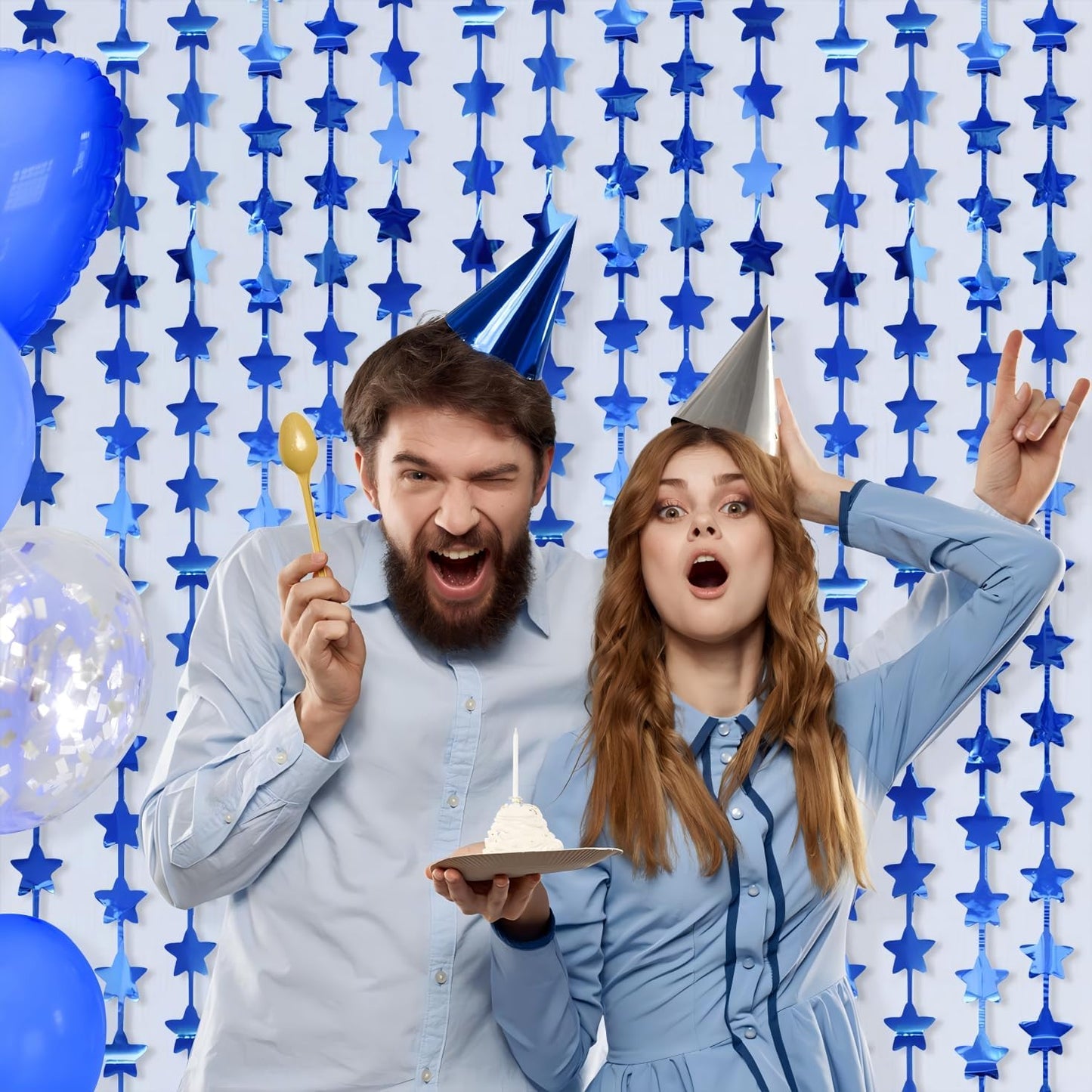 LOLStar 2Pack Blue Happy Birthday Party Decorations 3.3X6.6ft Each Navy Star Streamers Backdrop Foil Fringe Curtains,Photo Booth Props for Blue Baby Shower 18th 21st Birthday Space Party for Boys