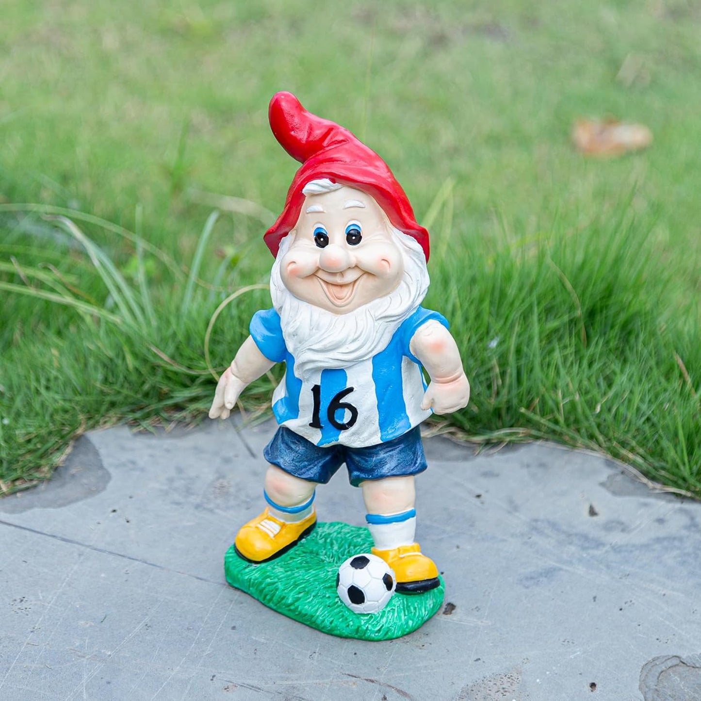 Outdoor Gnome Sculpture Soccer Garden Gnome Statue, 9.8 x 5.1 x 3.5 inches, Red Hat with Blue Jersey The for Football Enthusiasts