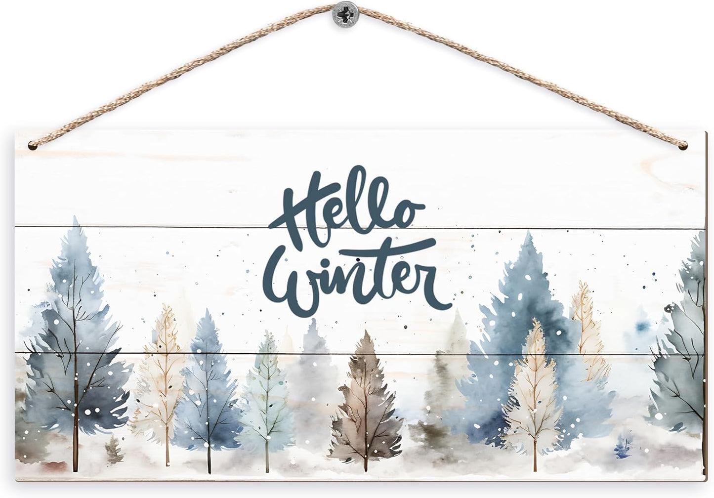 DUXMNAMG Hello Winter Welcome Hanging Wooden Signs 12x6, Pine Tree Decor, Winter Door Decorations, Winter Door Sign, Rustic Winter Christmas Snowflakes Trees Home Room Office Hanging Wall Decor