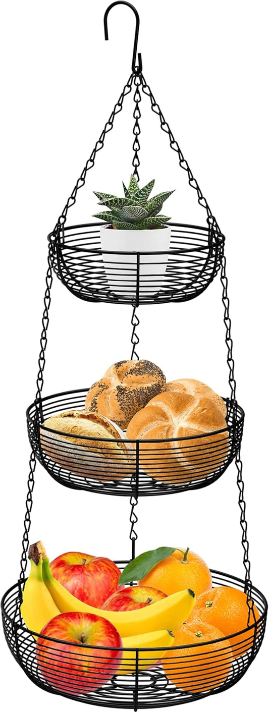 CAXXA 3-Tier Hanging Basket Fruit Organizer Kitchen Heavy Duty Wire Organizer with 2 Free Bonus Metal Ceiling Hooks, Black