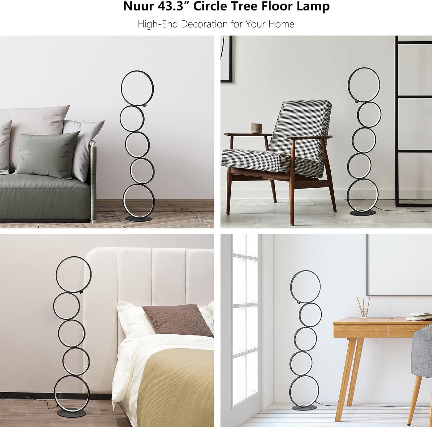 NUÜR 43.3" Modern Floor Lamp, LED Floor Lamp for Living Room, Dimmable, Circle Standing Lamp, Energy-Saving, Unique Lamp for Bedroom, Office, Home