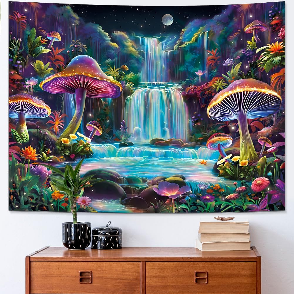 Dermijer Blacklight Tapestry Fantasy Mushroom Forest Tapestry UV Reactive Waterfall Tapestries Moon Night Neon Flower Landscape Wall Hanging for Home Decor L92.5×W70.8