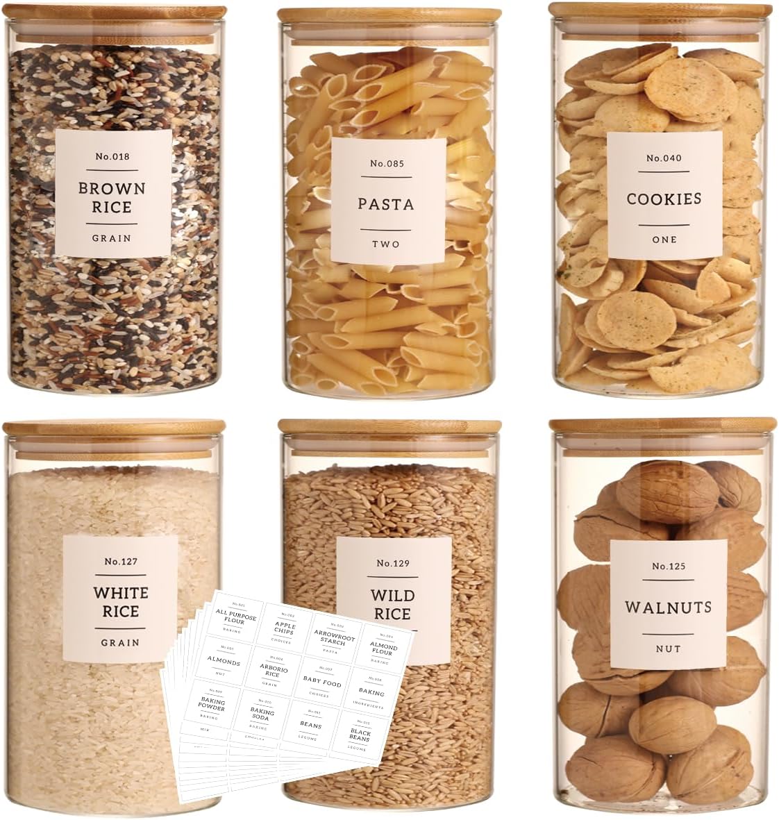 6 Pack Glass Jar with Airtight Bamboo Lid and White 132 Kichen Pantry Labels Preprinted - 28 Oz Clear Round Glass Food Storage Containers set For Tea Coffee Bean Cookie