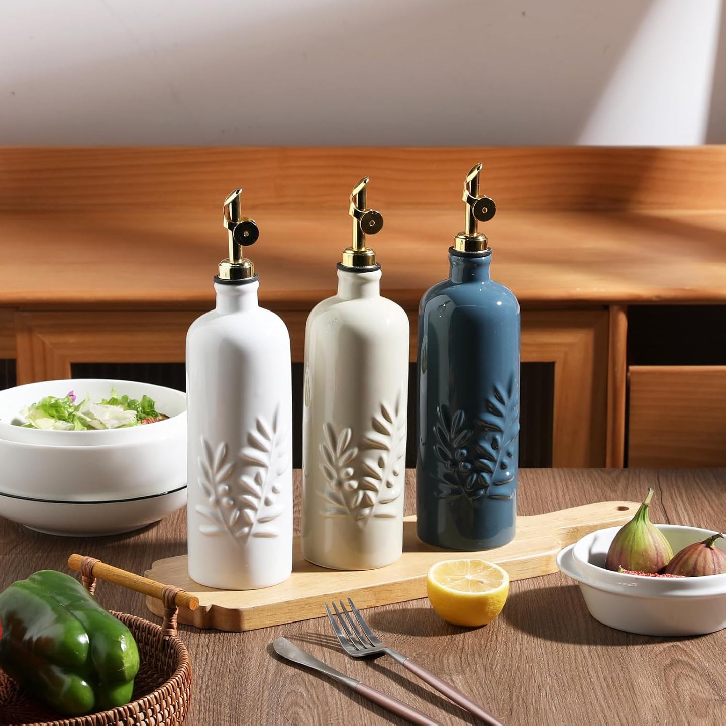 Sweejar 18 Oz Oil Dispenser for Kitchen with Gravity Spout, Ceramic Olive Oil Dispenser Bottle, Relief Opaque Vinegar Container for Evoo, Vinegar, Soy Sauce, Pack of 1(Beige, Silver Spout)