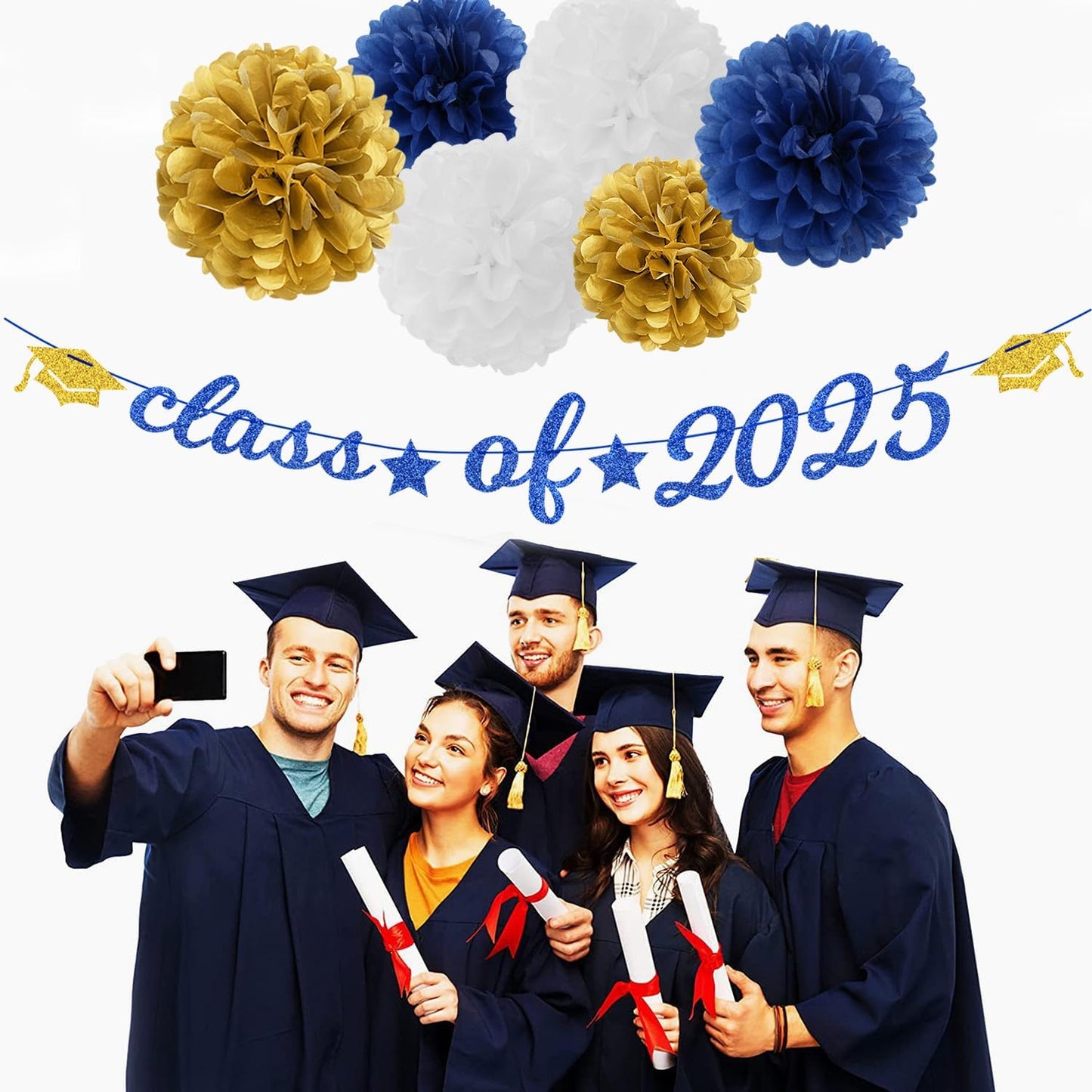 Navy-Blue Gold-White Party-Decoration Graduation Banner - 14pcs Kits Cap Garland Streamers, Royal Paper Tissue Pom Poms Flowers Fans Honeycomb,Class Of 2025 College High School Grad Decor Hugfond