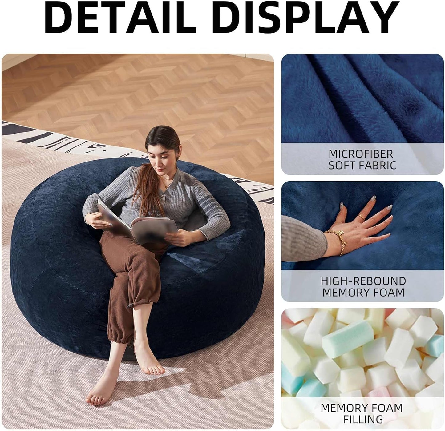 Bean Bag Chair 5Ft, Memory Foam Filled, Large Beanbag Chairs for Adults and Teens, Soft Sofa with Removable Flannel Cover, Round Couch for Living Room Bedroom College Dorm (Blue, 5FT-60×60"×24")