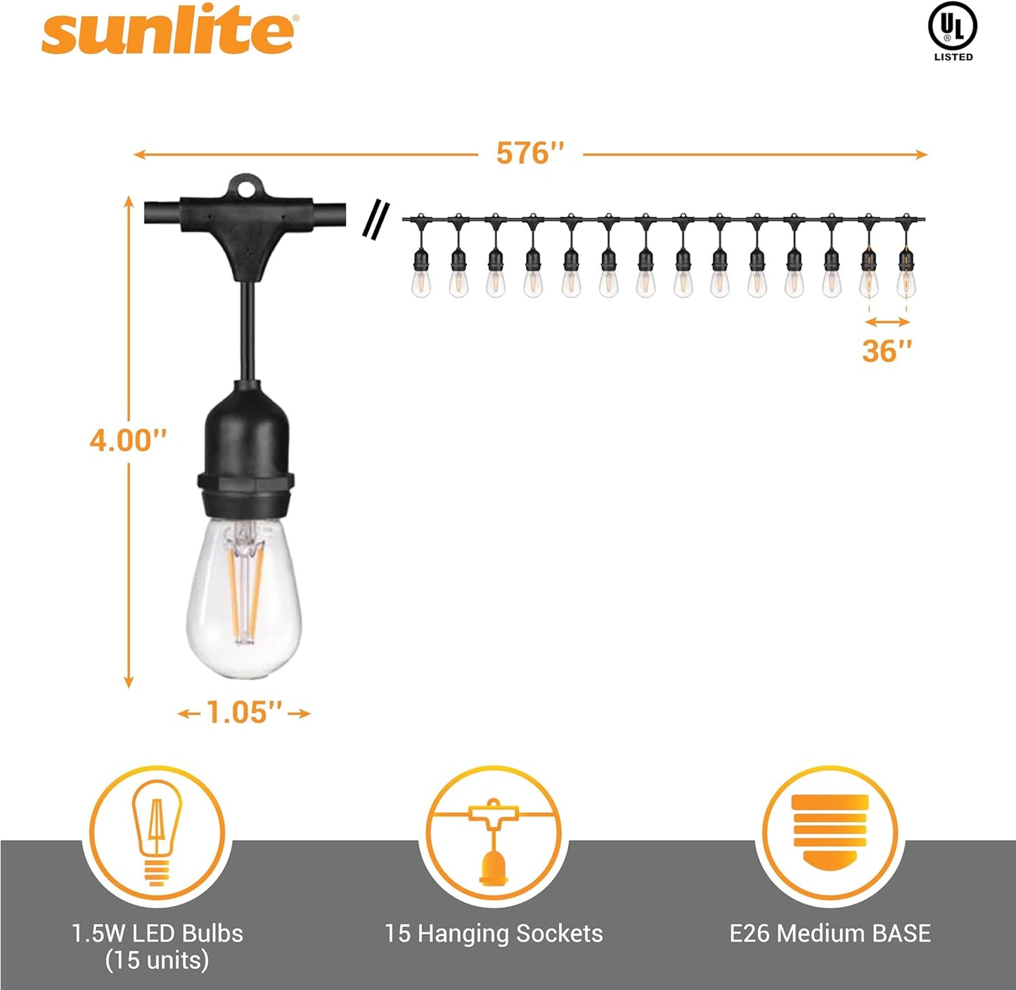 Sunlite 48ft Outdoor String Lights, 1.5W Commercial Grade, Waterproof, Linkable Strands, UL Listed, 15 Hanging Sockets, Shatterproof LED Edison Bulbs Included, 2700K Soft White