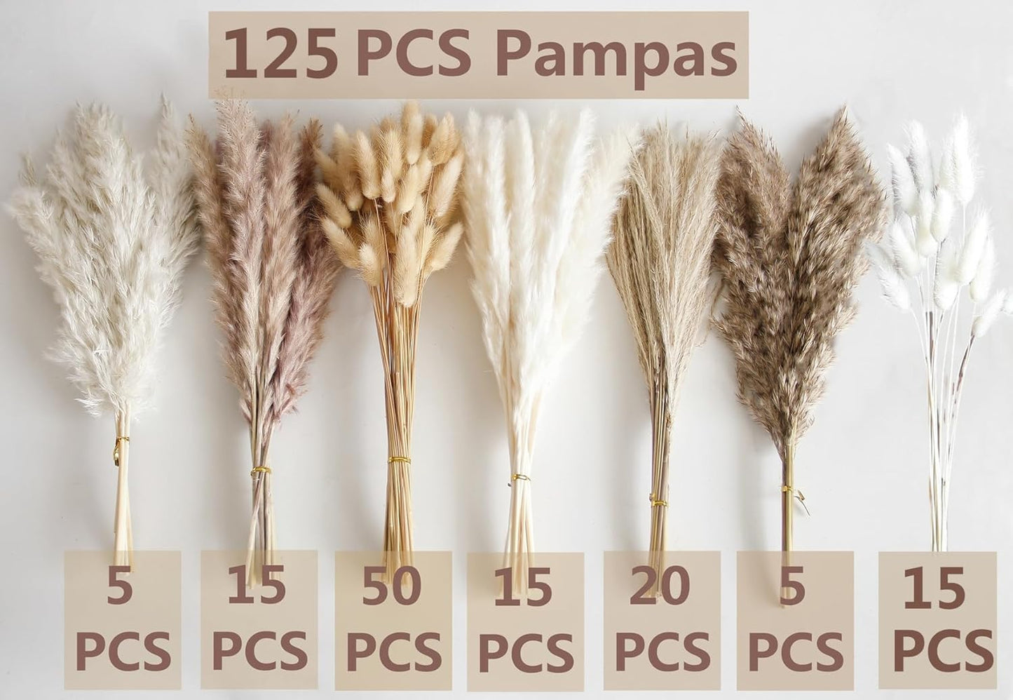 125 PCS Dried Pampas Grass Bouquet, Boho Table Decor, Bunny Tails Dried Flowers, Brown Pampas, White Pampas Grass for Weddings, Home Decor, Rustic Parties, and Baby Shower Decorations