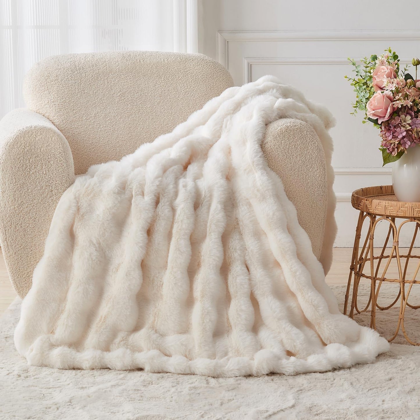 Lotus Karen Faux Fur Blanket - Cream White Twin Size, Big Bubble Rabbit Fluff, 60x80 Inches