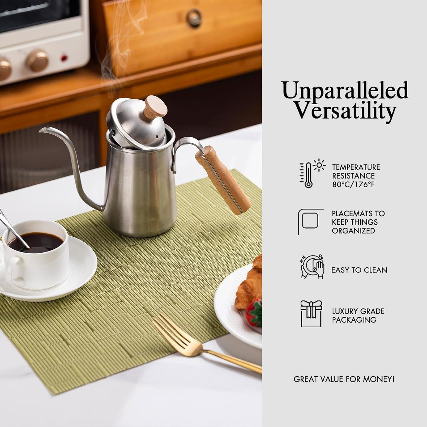 Placemats Set of 8 - Easy Clean Woven Vinyl Placemats for Dining Table, Indoor/Outdoor Place Mats, Washable PVC Table Mats （Pea Green）
