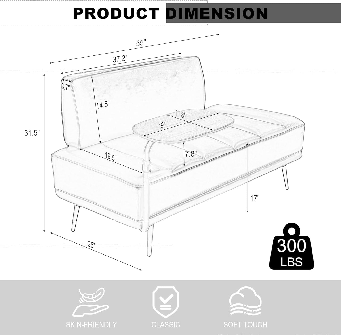 Sofa,Bed Bench,Small Spaces Furniture,Polyurethane Leather,Wood Frame,High Density Sponge Infillings,360-Degree Swivel Tray,Black Metal Leg (Black)