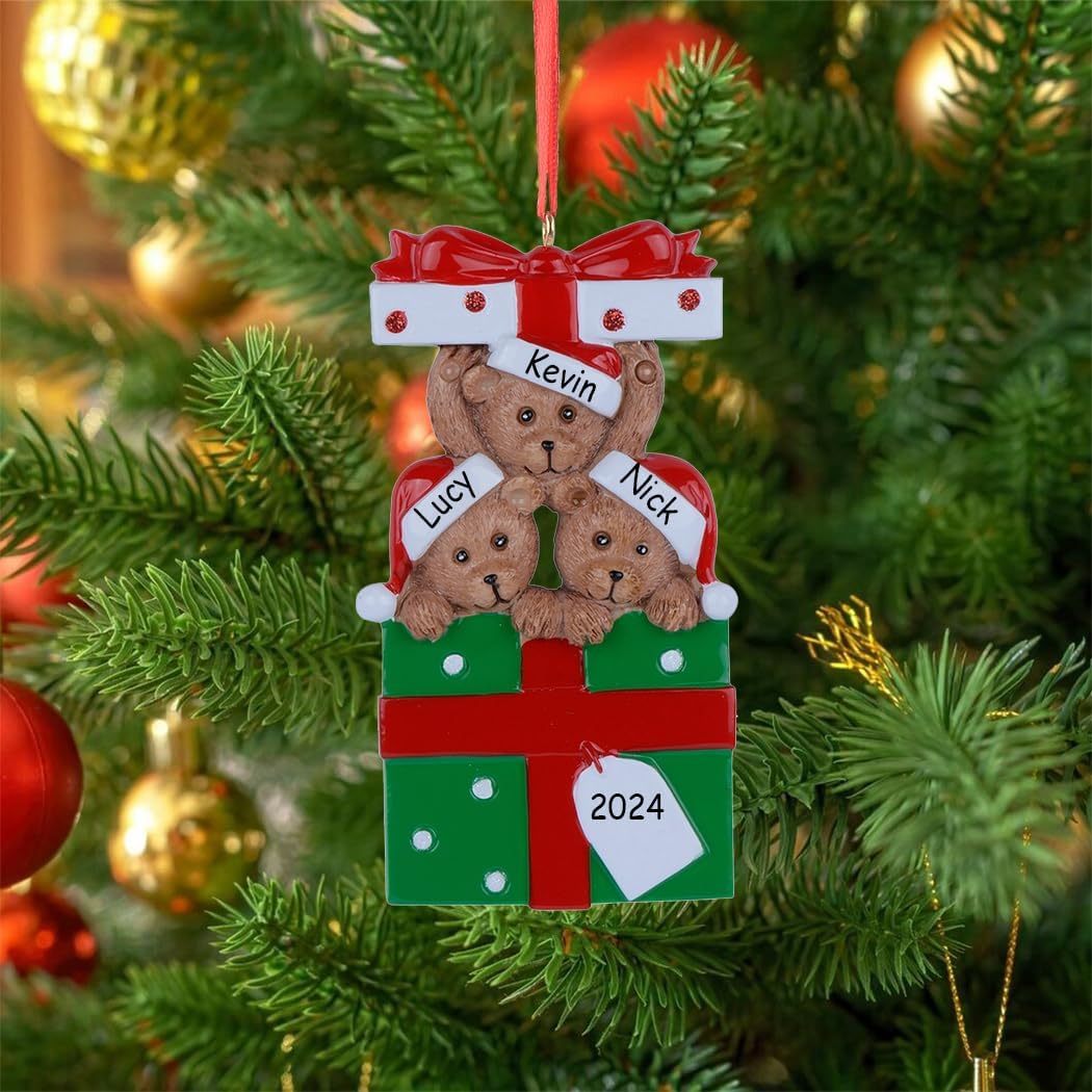 Personalized Family Ornament 2024, Bear Family of 3 Christmas Tree Ornament, Customized Teddy Bear Ornaments for Christmas Tree Decor, Unique Bear Gifts for Mom, Dad, Grandkids, Grandma, Grandpa
