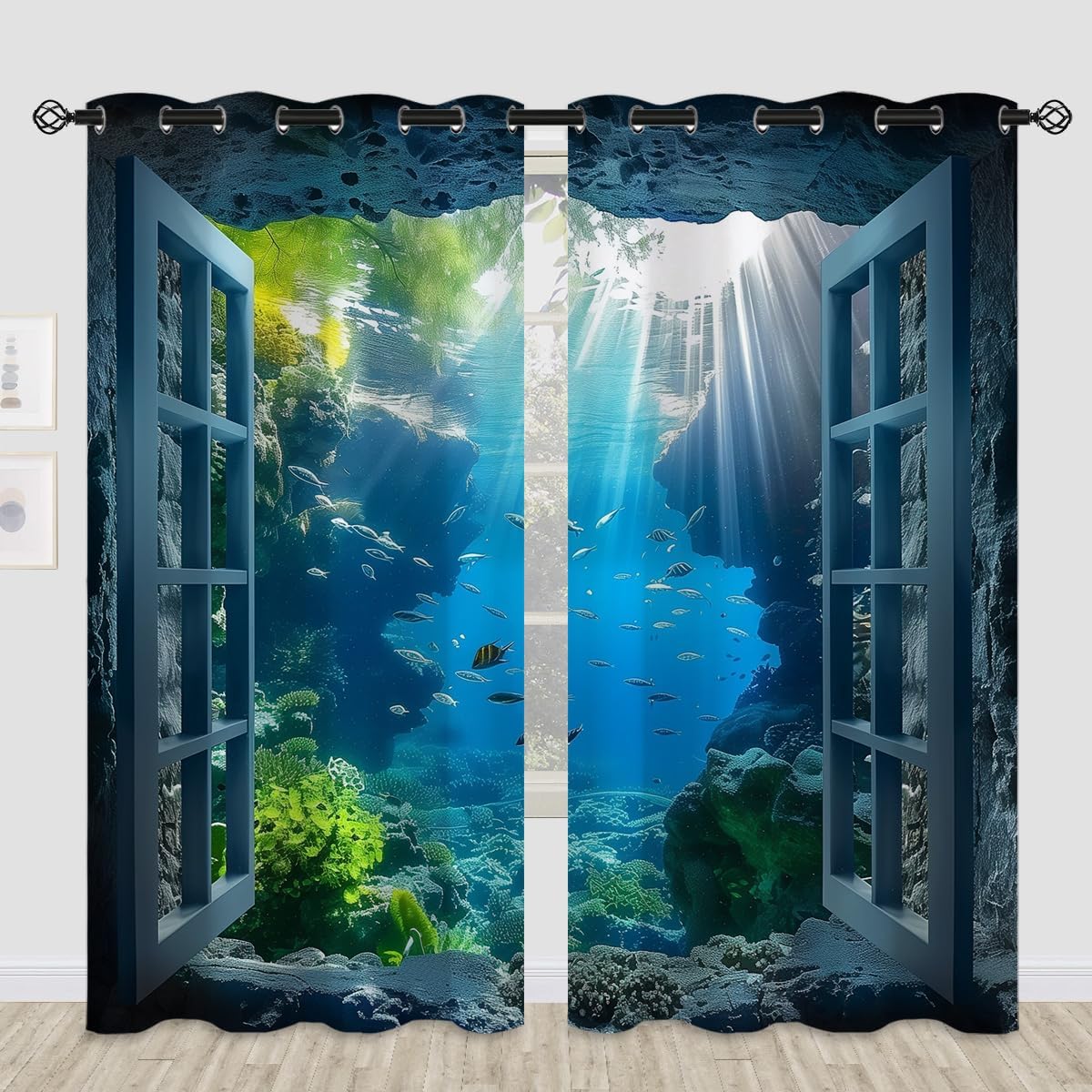 Ocean Fishs Blackout Curtains for Girls Boys Home Decor, Underwater Tropical Fish Undersea Coral Grommet Thermal Insulated Drapes Darkening Window Curtain for Bedroom Living Room, 84 x 84 Inch
