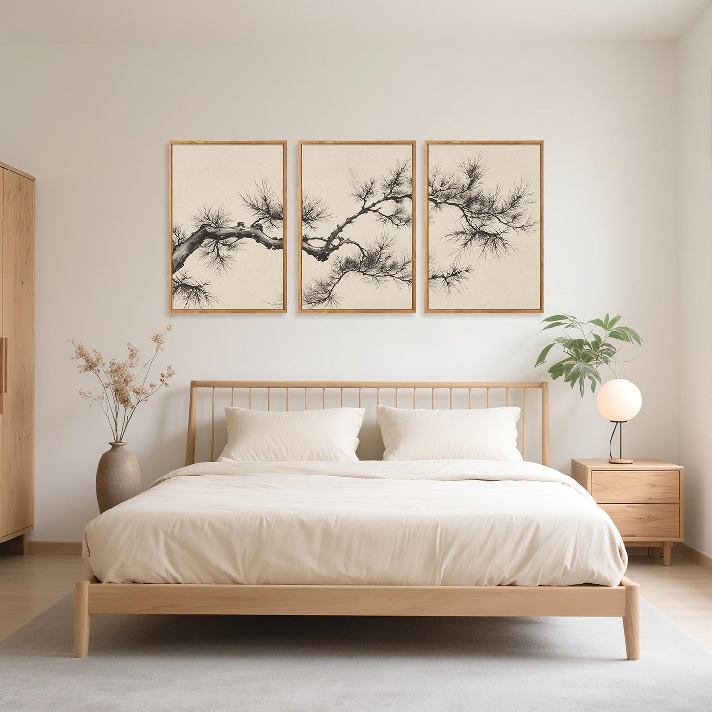 HPNIUB Vintage Sketch Pine Tree Framed Canvas Wall Art Set, Brown Antique Tree Branch Wall Decor, Nature Botanical Art Print, Modern Landscape Pictures for Living Room, Bedroom, Office- 16 x24 x3