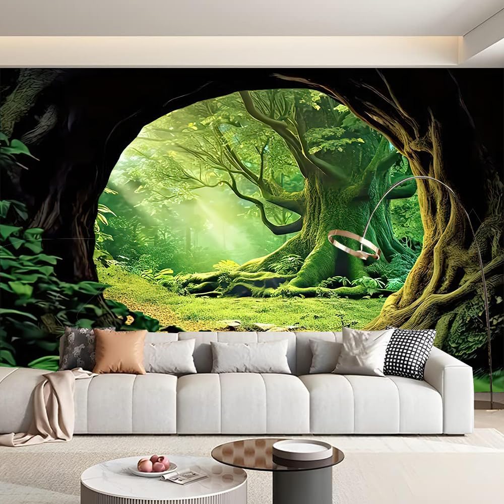 FENDROM Tree Cave Tapestry,Misty Forest Fairy Tale Wall Hanging Natural Jungle Sunshine Through Scenery Aesthetic tapestries for Living Room Bedroom Office Spring Decoration