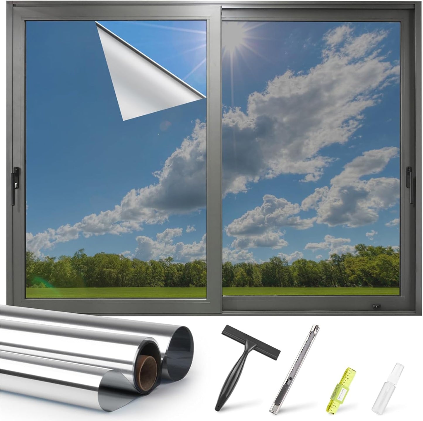 Kromapolis One Way Window Privacy Film Reflective Mirror Home Window Tint, Daytime Privacy Heat Control Anti UV Glass Tinting Static Cling (Silver, 35.4 x 314.9 inch)