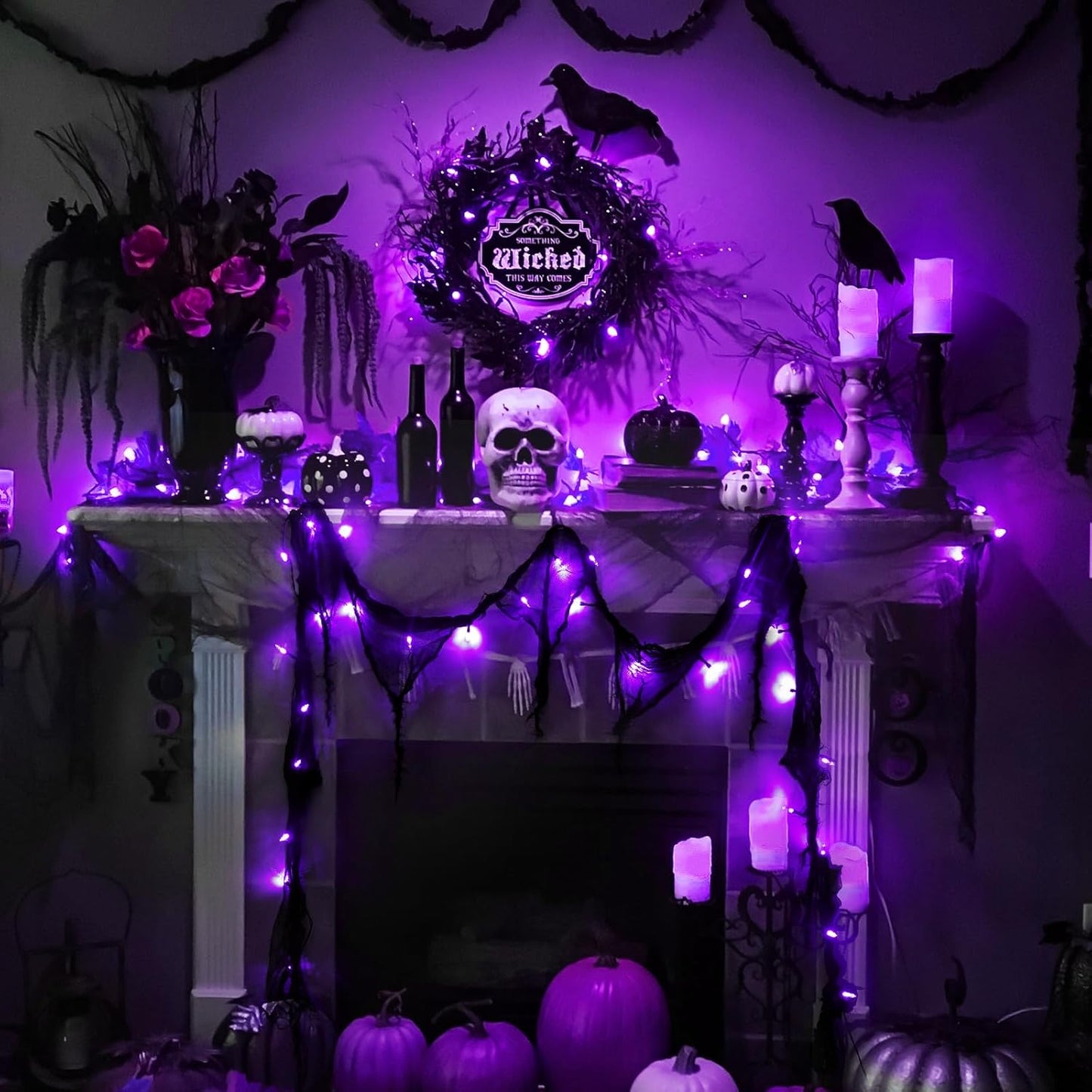 Halloween Horror Atmosphere Lights, Orange&Purple LED String Lights with 9.9FT Creepy Black Gauze, Battery Powered with Timer & 8 Flashing Modes (Purple)