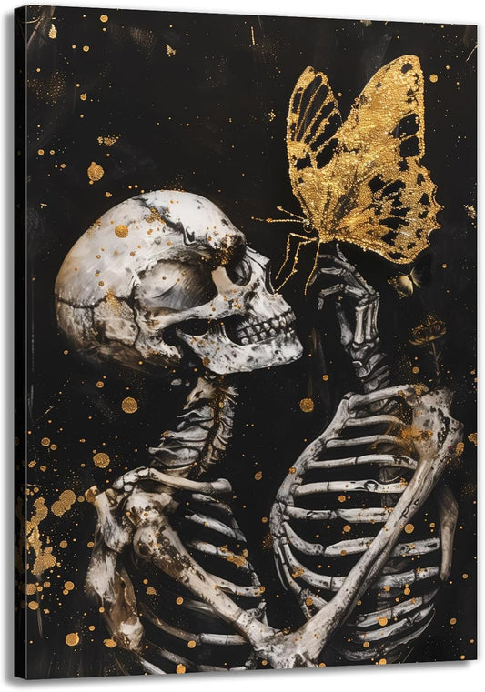 OAAPITI Skull Wall Art Skull and Gold Butterfly Canvas Print Abstract Modern Gothic Artwork for Bedroom Dark Art Decor(Artwork-7,28"x42")