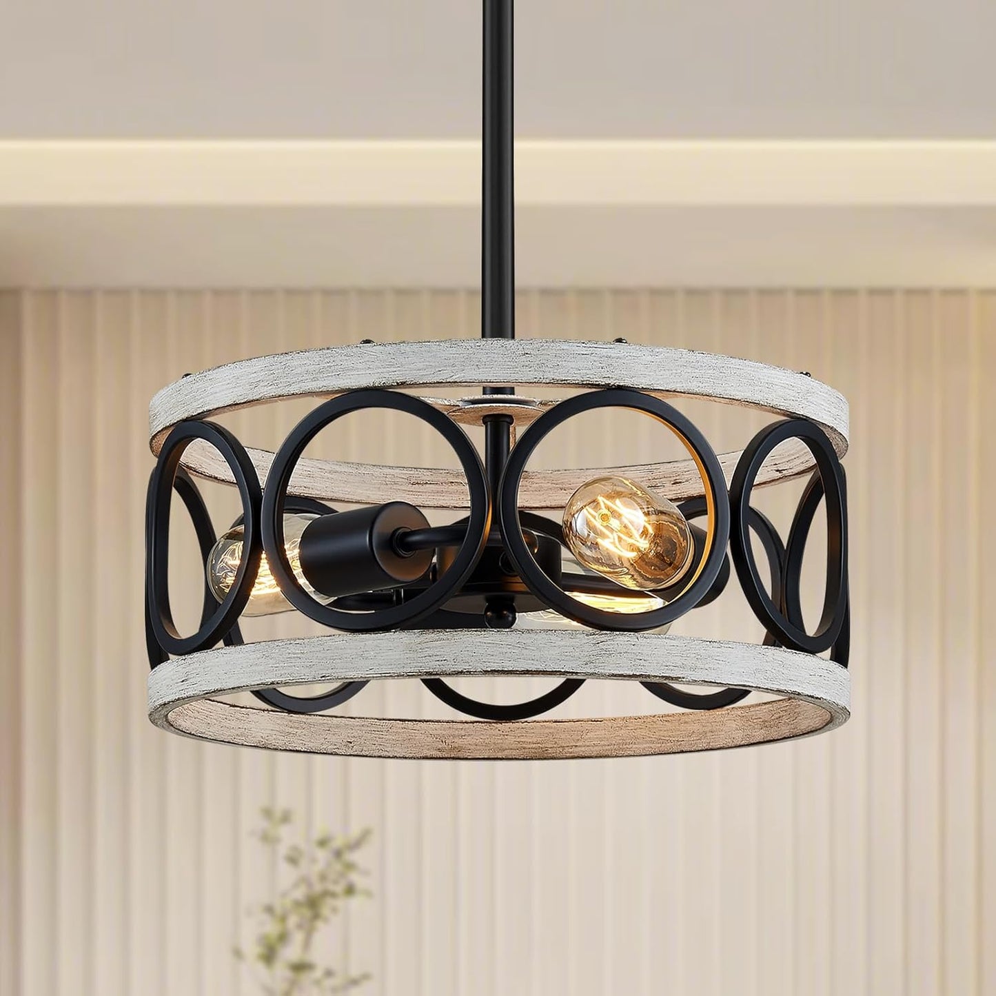 XINGQI White Chandelier 3-Light Modern Ceiling Light Rustic Wood Grain Adjustable Height Pendant Lighting Fixture 13" Round Metal Lamp for Dining Room Kitchen Bedroom Foyer Hallway