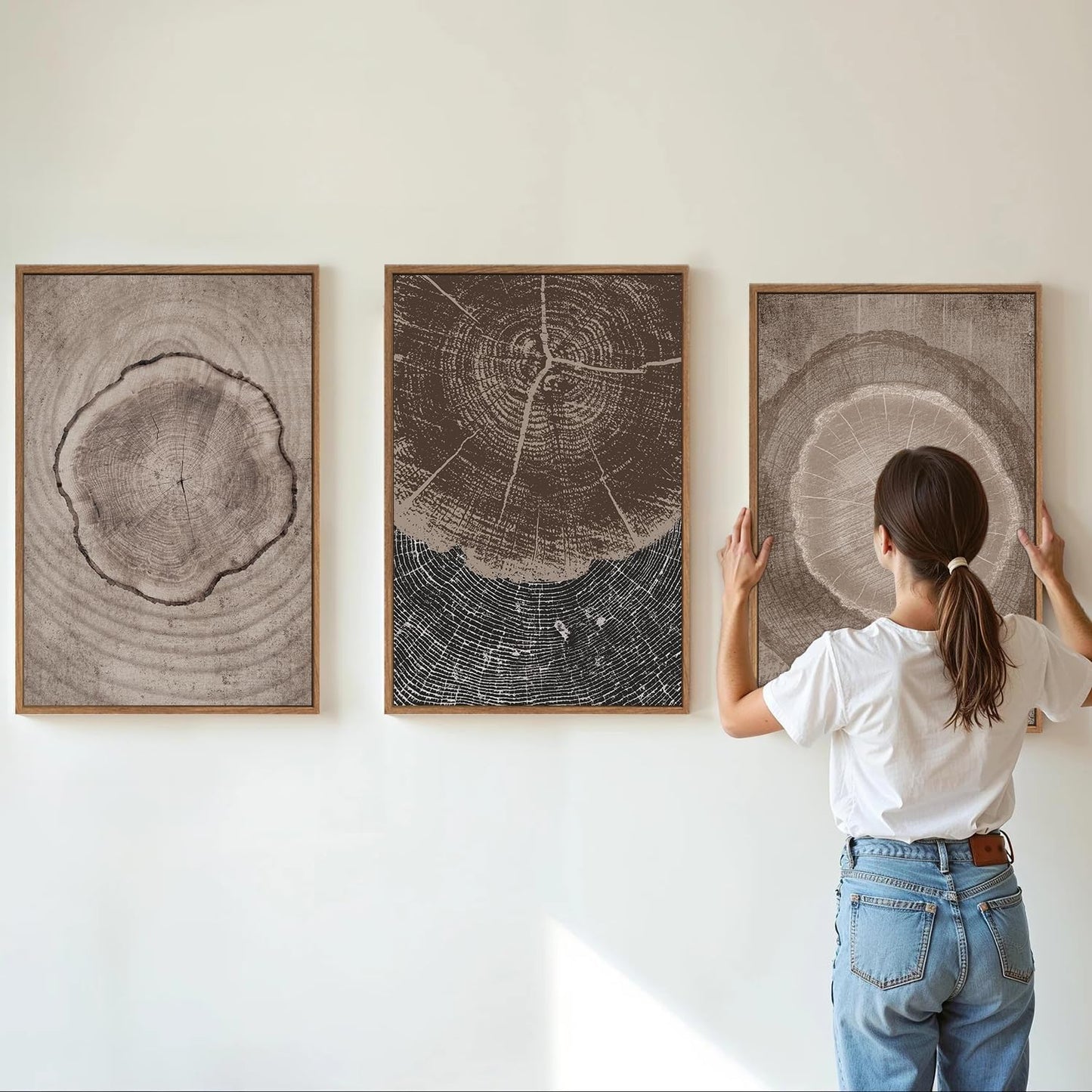 SIGNINART Beige Tree Ring Framed Canvas Wall Art Set, Abstract Black and White Rustic Wood Wall Decor, Neutral Wood Stump Artwork, Modern Art Prints for Bedroom Living Room Office 16"x24"x3