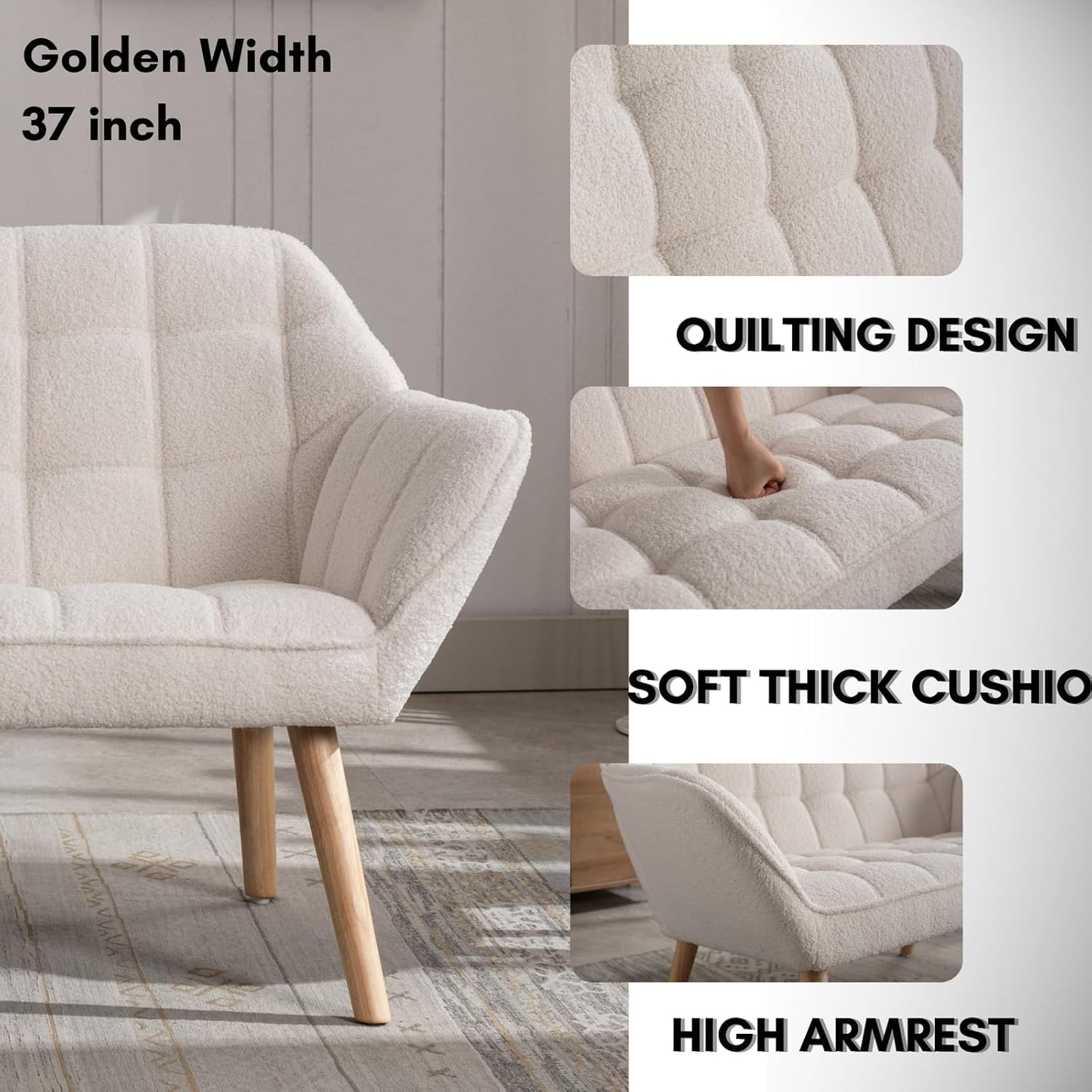 48”Small Loveseat Sofa, Modern Sherpa Upholstered Mini Couch 2-Seater Fluffy Love Seat with Quilting Backs and Wood Legs for Living Room, Bedroom and Small Space, White