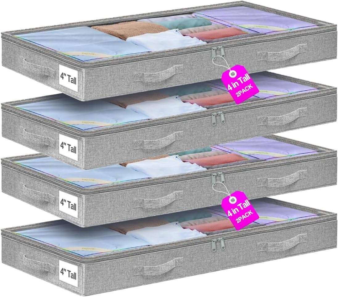 punemi 4pcs Under Bed Storage Containers, Below 4 Inches Tall Low Profile Underbed Storage, NO STRUCTURE, Soft Foldable Underbed Cloth Storage Bags, Zipper Blanket Storage Container, 20x40x3.7in
