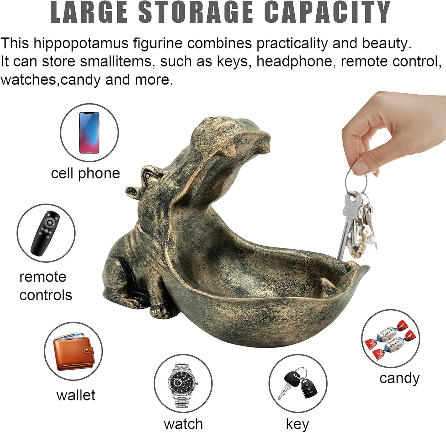 aboxoo Hippo Statue Home Resin Hippopotamus Figurine Sculpture Table Art Decoration Sundries Key Container Storage Box (Copper)