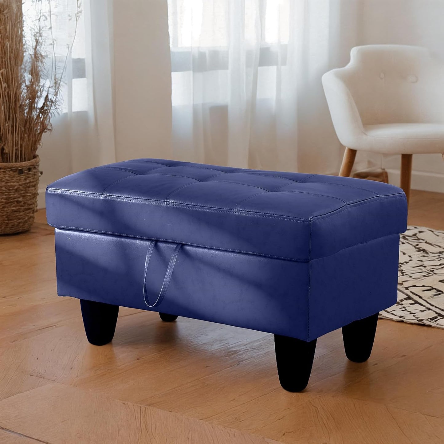 Ottoman Rectangular Storage Ottoman Bench, Faux Leather Footrest, Coffee Table, Stool Footstool with Hinged Lid for Living Room, Bedroom, Entryway, Blue, 35"x23.5"x17.5"
