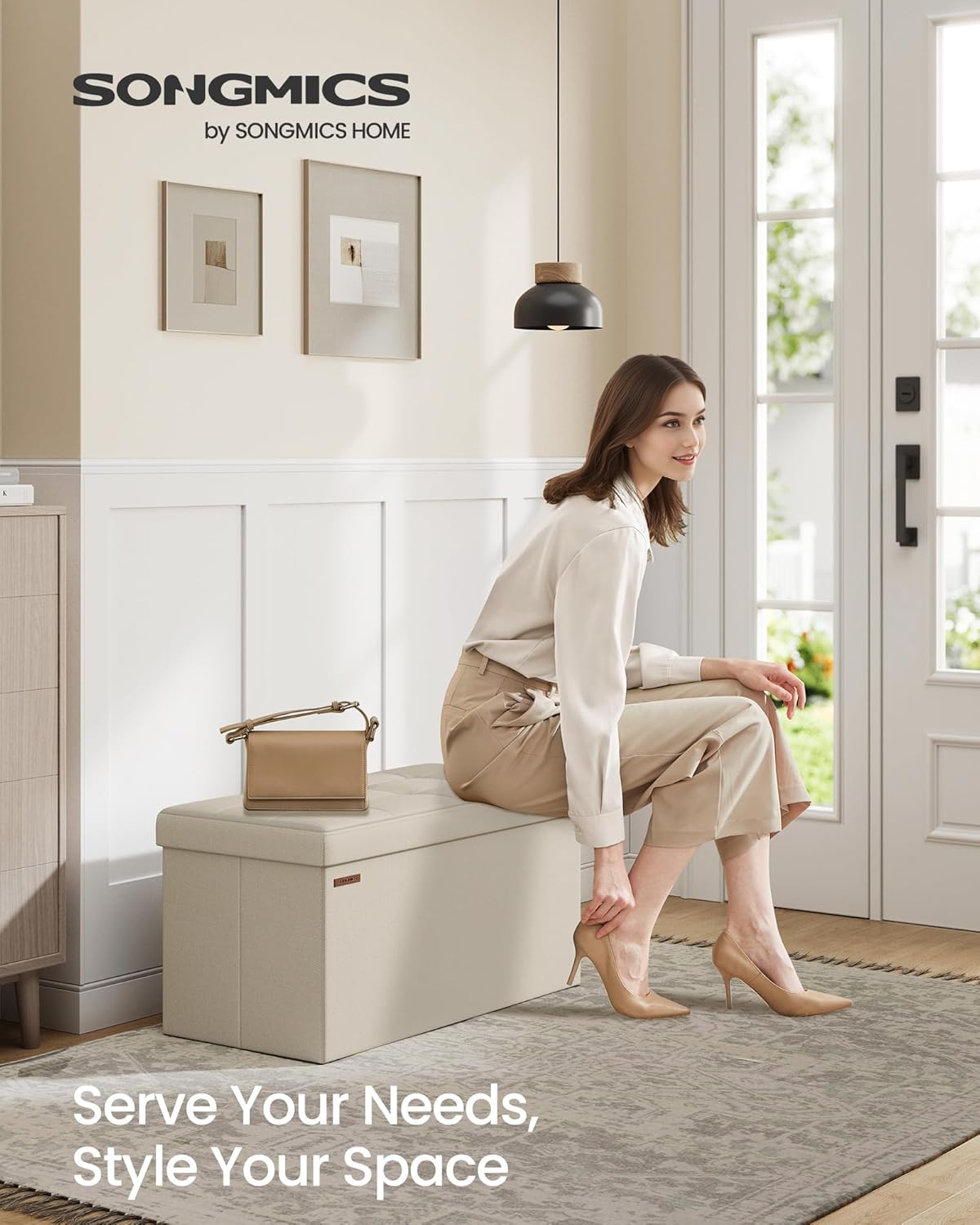 SONGMICS MAZIE Collection - 30 Inches Folding Storage Ottoman Bench, Ottoman Foot Rest, End of Bed Bench, Storage Chest, Load 660 lb, for Living Room, Bedroom, Entryway, Cream White ULSF47BE