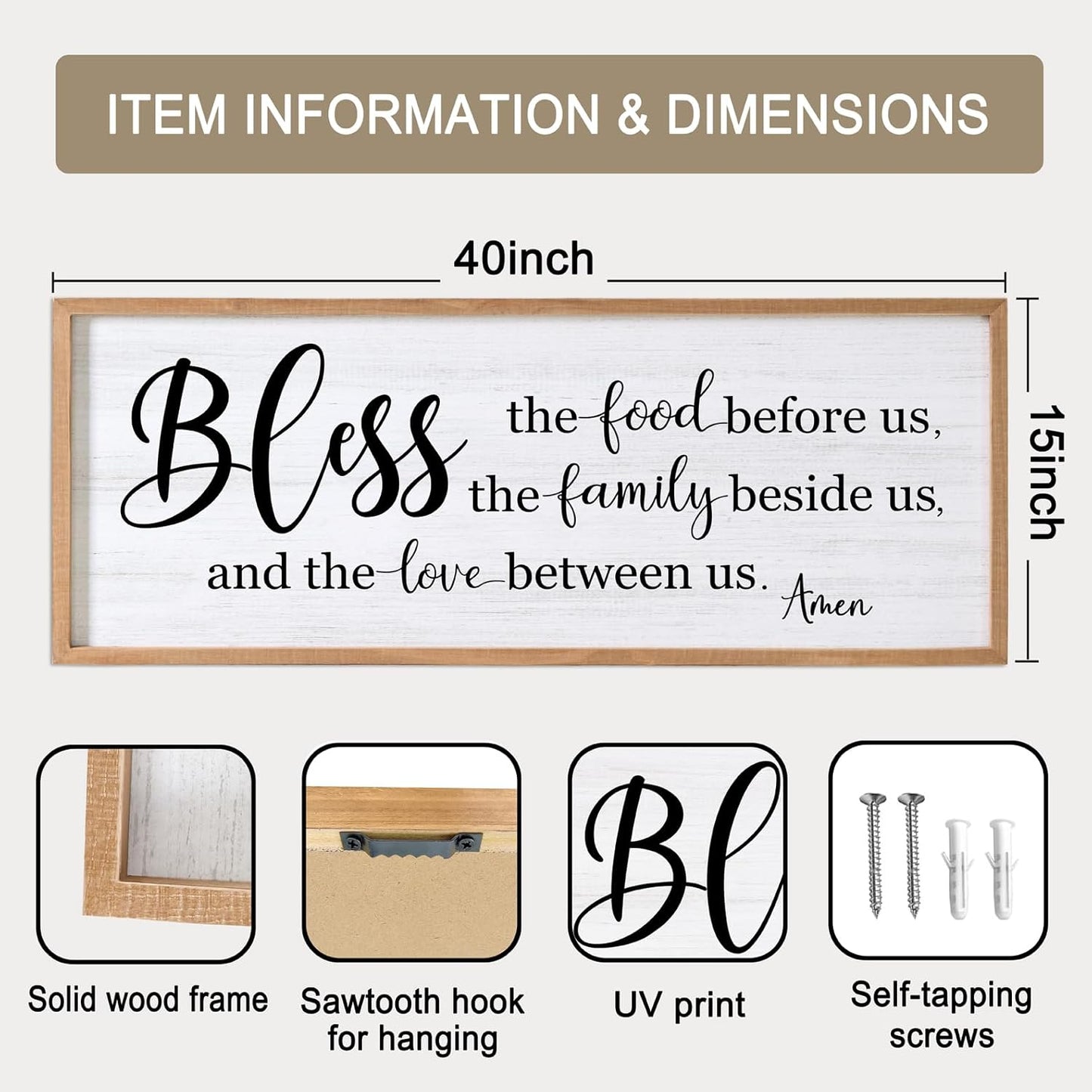 Bless the Food Before Us, the Family Beside Us, and the Love between us Framed Wall Art for Dining Room, 40''×15'' Holy Positive Religious Rustic Bible Verse for Christian God Jesus Christ Prayer