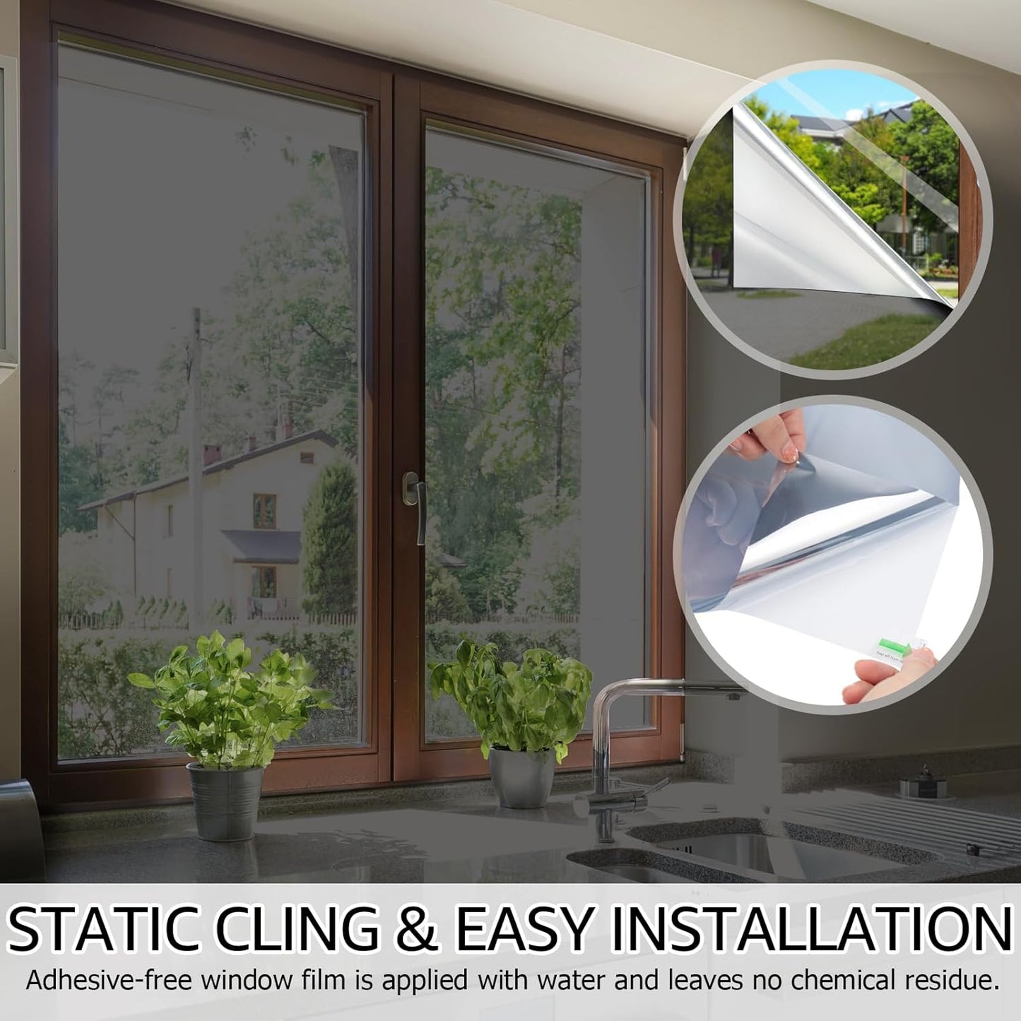 HIDBEA One Way Window Film, Daytime Privacy Sun Blocking Reflective Window Film No Glue Static Cling Heat Control Window Tinting Film for Home and Office, Black Silver, 55.1 x 196.86 Inch