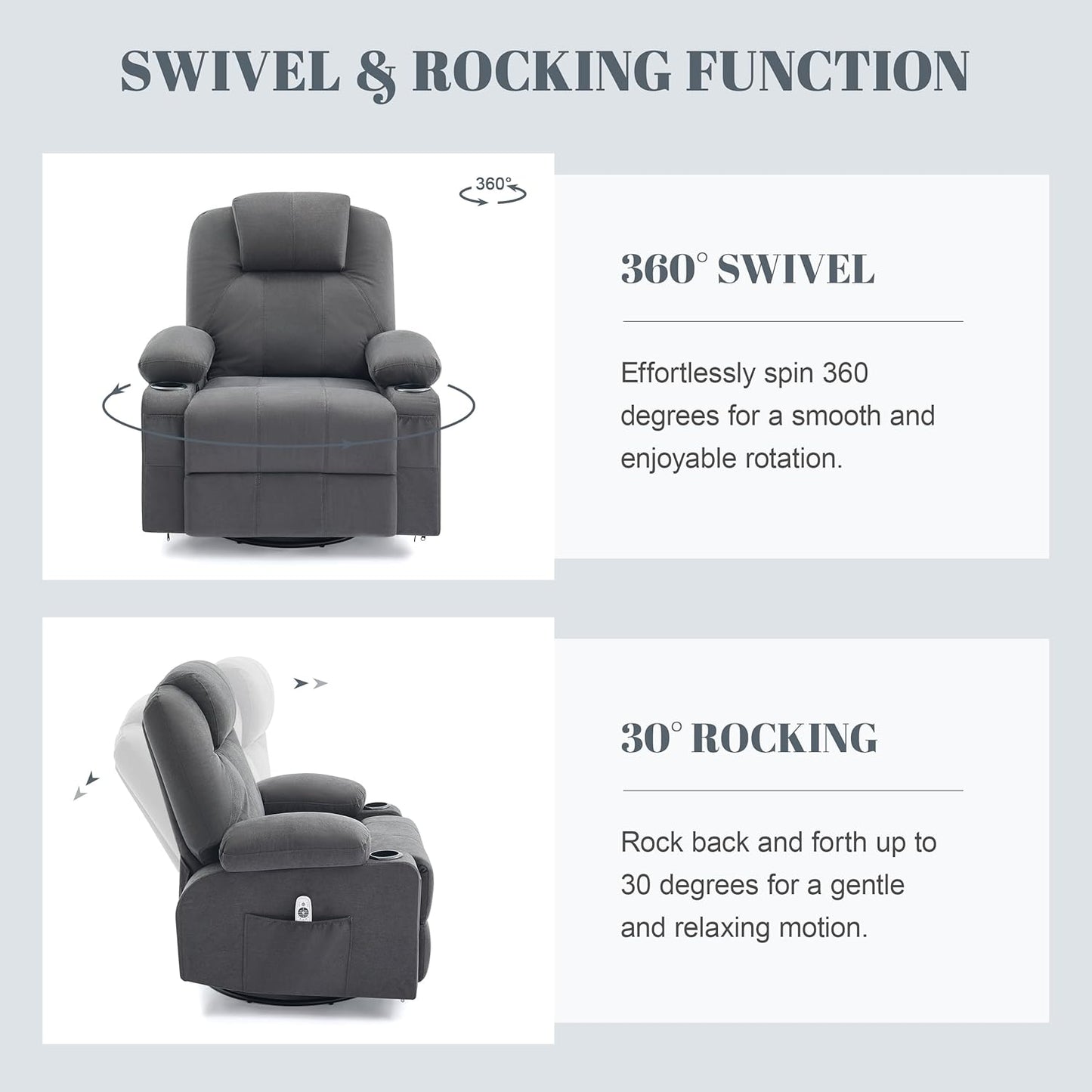 Oversized Swivel Rocker Recliner Chair with Heat and Massage, 360 Degree Swivel Rocking Single Sofa with Cup Holders and USB Port, Big Large Recliner Chair for Living Room (Fabric, Darkgrey)