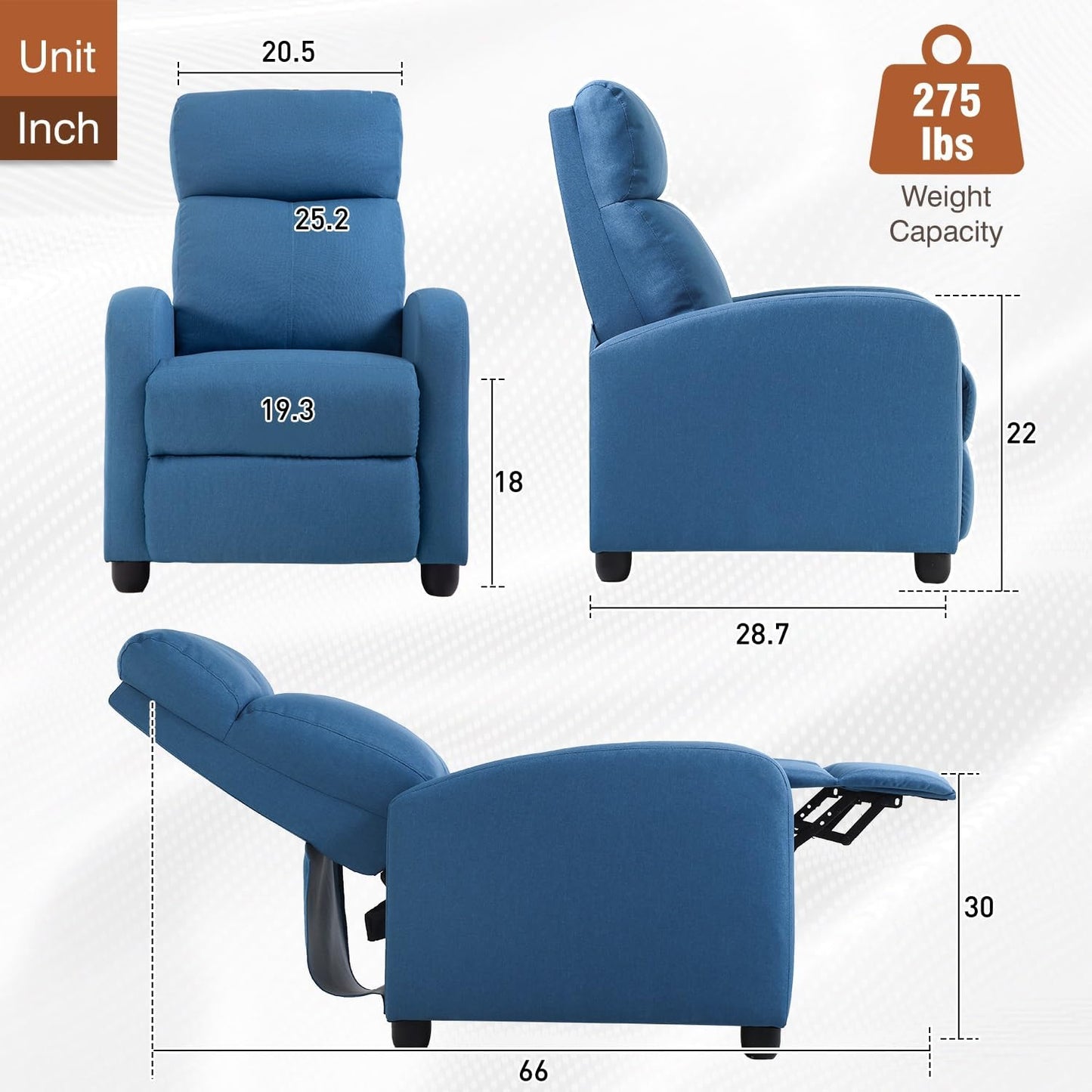 BestMassage | Recliner Chair | No Massage Function | Textile Blue | with Lumbar Support, Adjustable Push Back, Wide Armrests, Footrest & Padded Seat | Easy Assembly | for Living Room, Home Theatre
