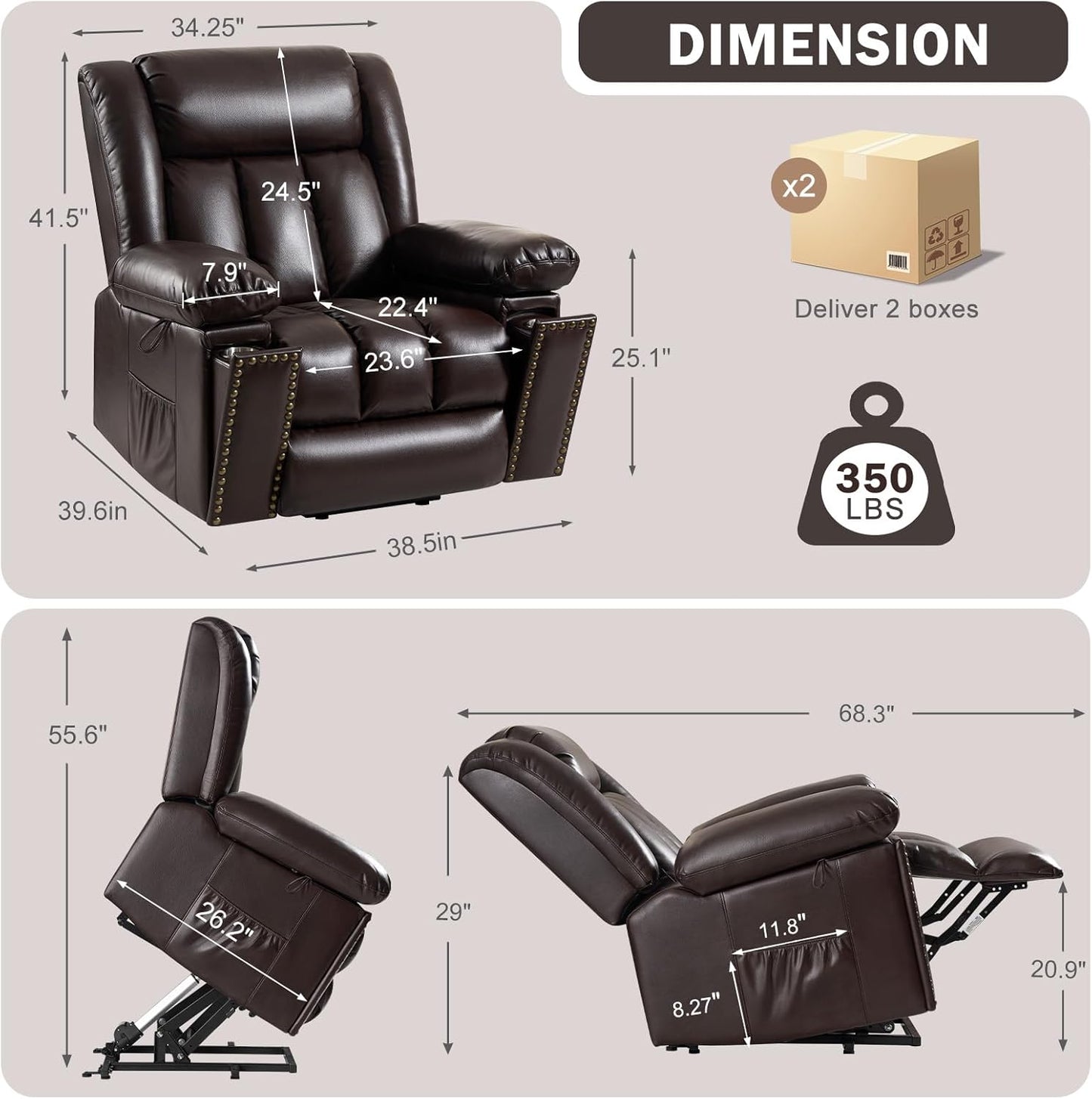 Electric Power Lift Recliner Chair for Elderly with Heat & Massage, Breathable Leather Large Reclining Chairs w/2 Concealed Cup Holders for Seniors Home Living Room,Set of 2,Brown
