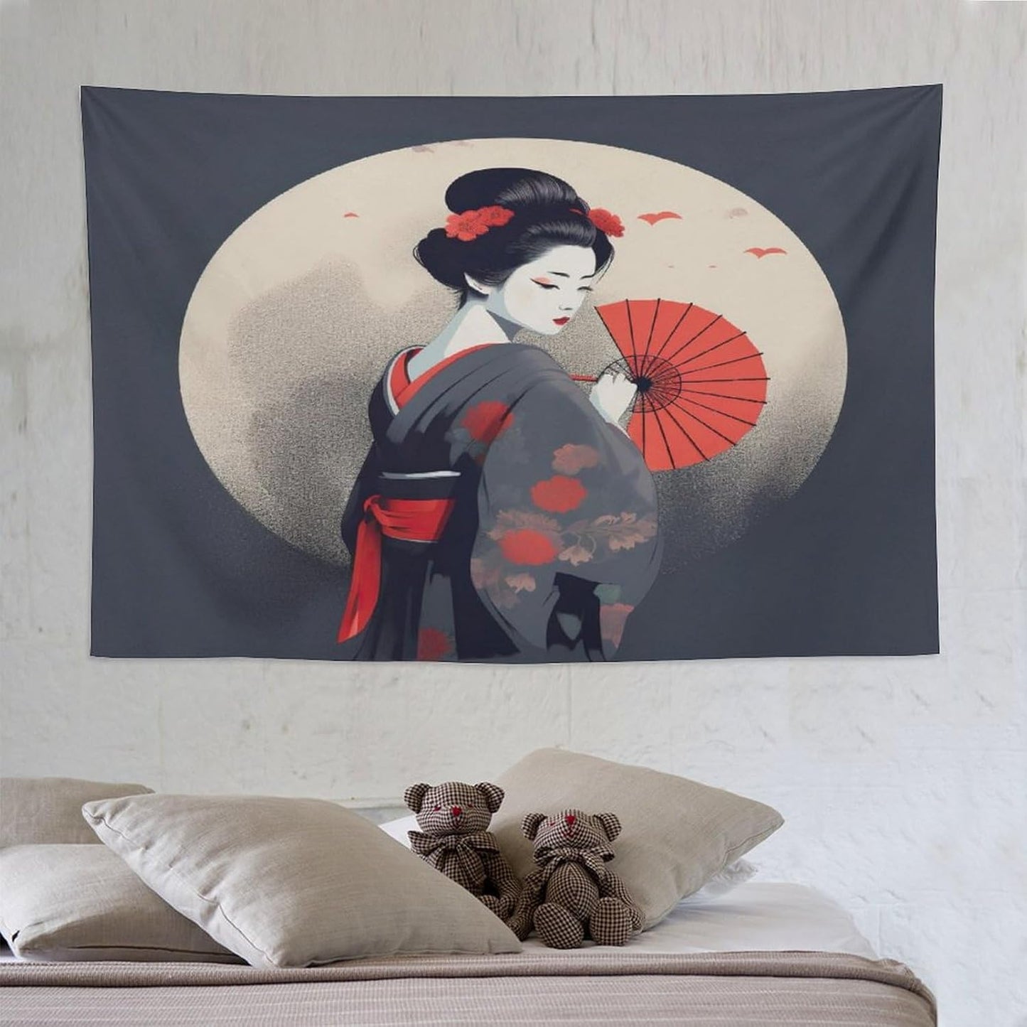 Japanese Woman Geisha Tapestry Asian Red Cherry Blossom Red Sun Traditional Kimono Folk Tapestries Home Decor for Living Room Bedroom Apartment Farmhouse Dorm 90"x60"