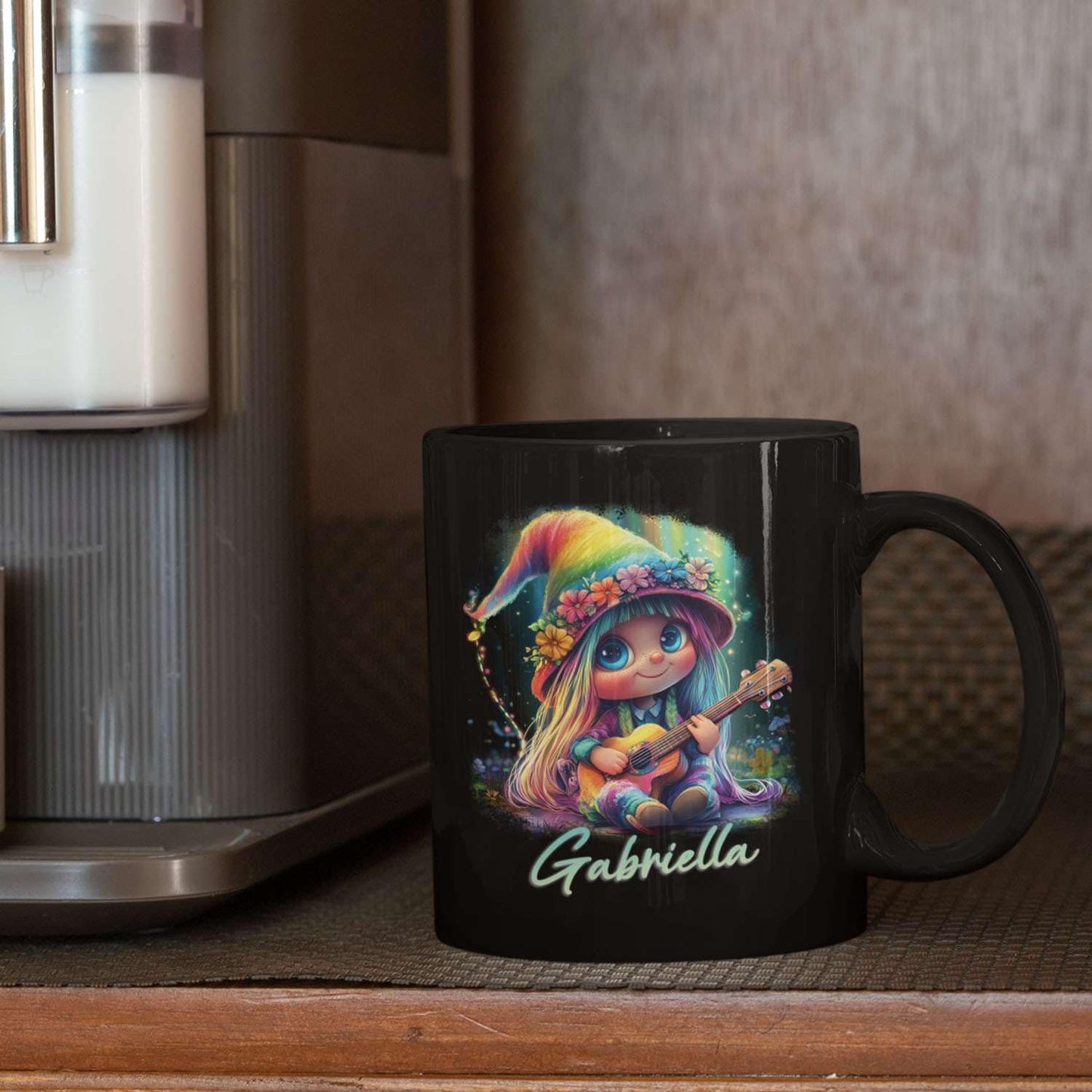 Customized Adorable Gnome With Guitar Mug 11oz 15oz, Personalized Name Coffee Cup, Gnome And Northern Lights Mug, Custom Whimsical Music Ceramic Cup, Gnome Black Mug Gift For Kids