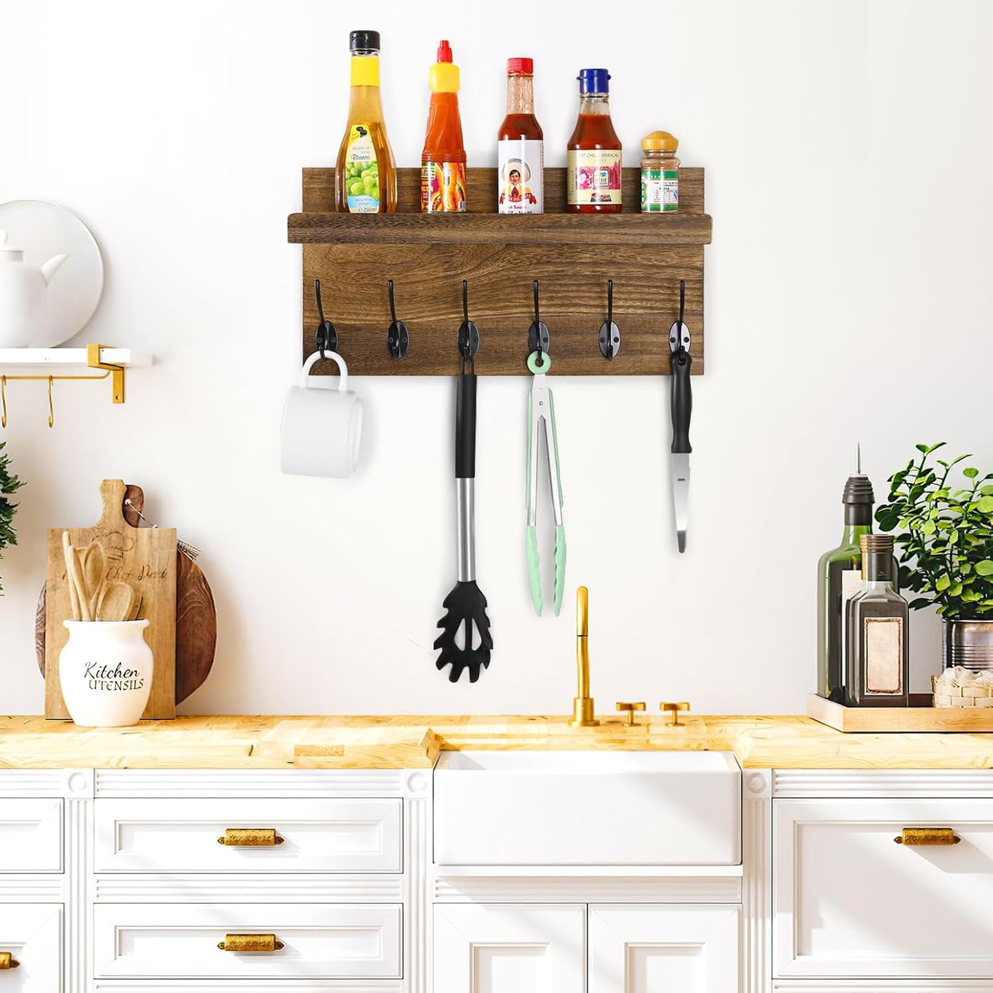 Shelf with Hooks, Coat Rack Wall Mount with 6 Double Metal Hooks, 17 Inch Farmhouse Wall Hooks with Shelf, for Entryway, Bathroom, Kitchen, Rustic Brown