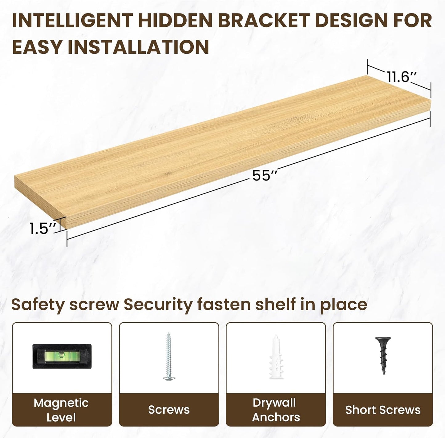 55 Inch Floating Shelves, 11.6 Inch Deep Floating Shelves for Wall, Floating Shelf with Invisible Brackets, Deep Shelves for Bathroom, Bedroom, Living Room, 1 Pack, Natural