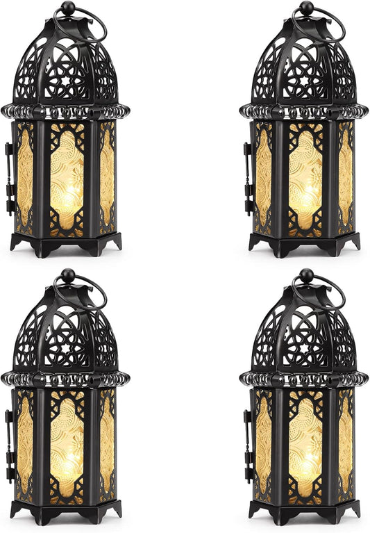 Metal Candle Holder 4PCS Transparent Glass Moroccan Style Hanging Lanterns Creative Wedding Home Tabletop Decoration Birdcage, Black