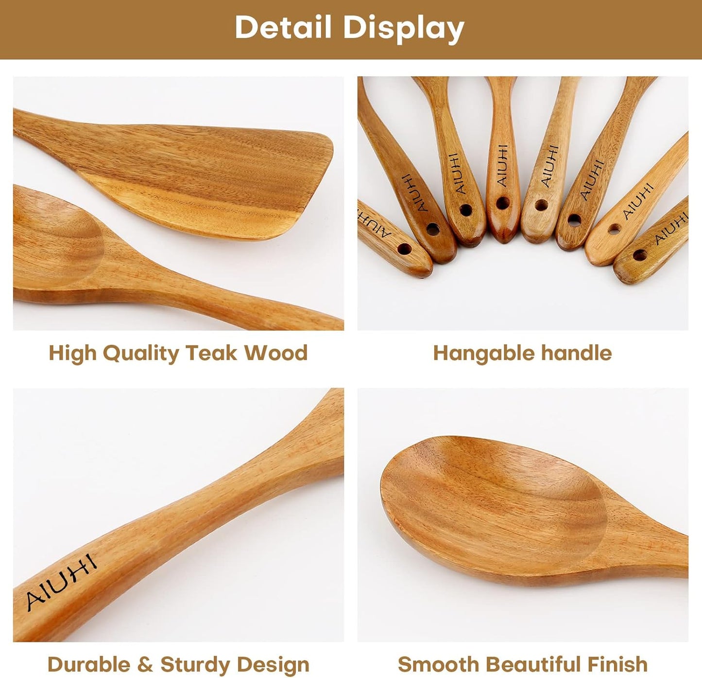 AIUHI Wood Spoons for Cooking, Nonstick Kitchen Utensil Set, Wooden Spoons Cooking Utensil Set Non Scratch Natural Teak Wooden Utensils for Cooking (Teak 8 Pack)