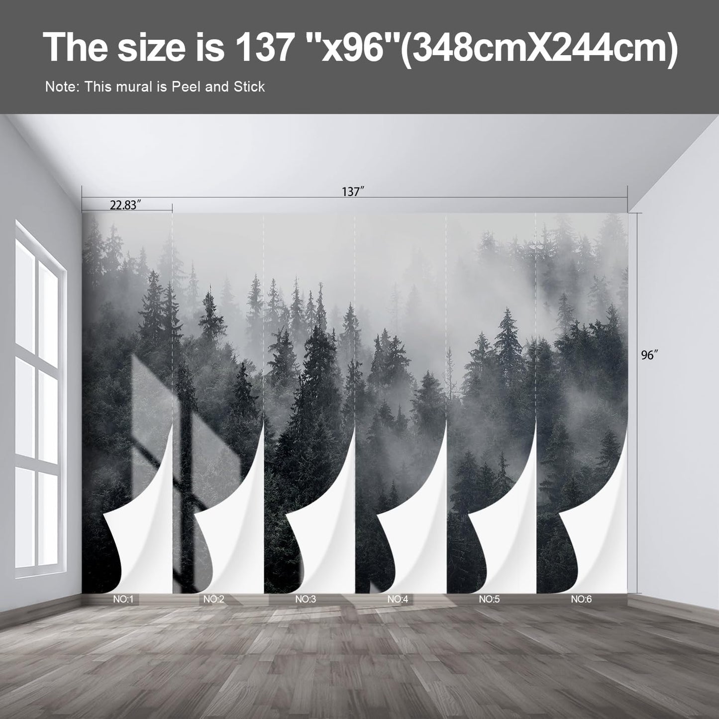 Misty Forest Landscape Wall murals Woodland Tree Peel and Stick Wallpaper for Bedroom Living Room - 96"x137"