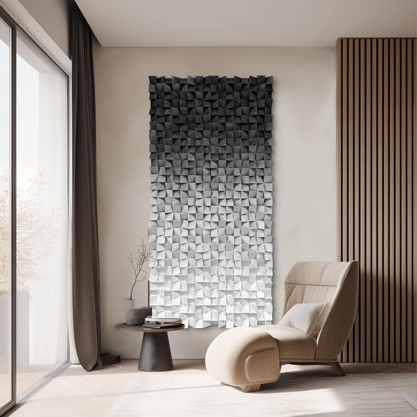 LIUZEYUE - Block Stereoscopic Painting Geometric Modeling Wall Decoration 3D Wooden Artwork Living Room Bedroom Background Wall Office Decoration Black and White Gradient 27.5 x 55.1 inches