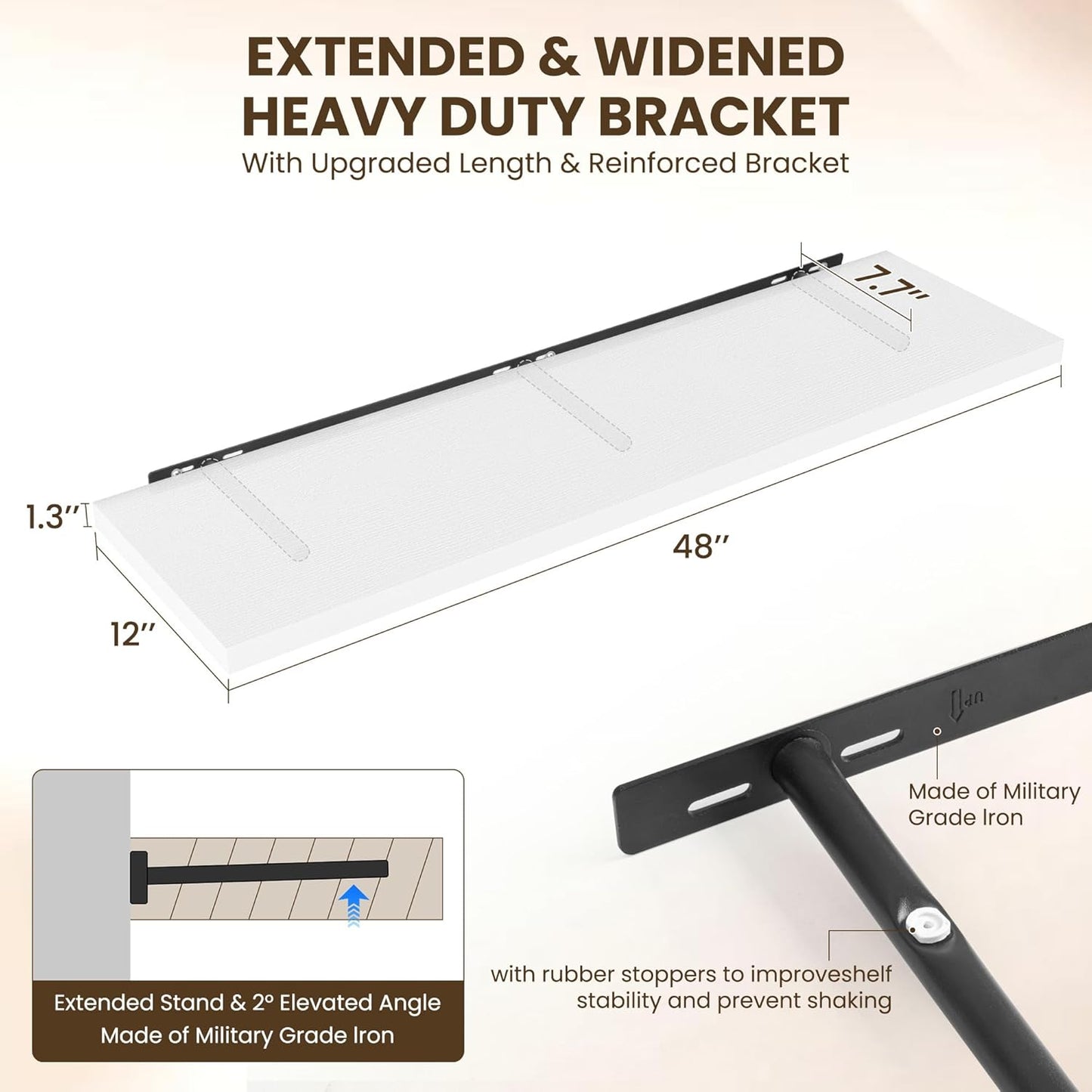 48" Floating Shelves for Wall, 12" Deep Slim White Floating Shelves, Wall-Mounted Shelves for Bedroom, Living Room, Kitchen, Bathroom - Set of 2