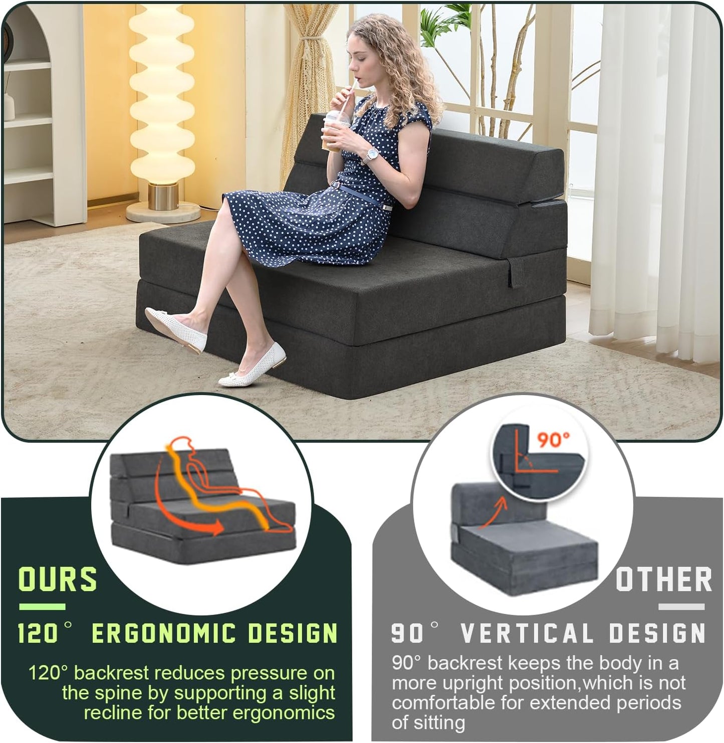 jela Foldable Sofa Bed Soft Foam Convertible Sleeper Chair Luxury Miss Fabric Fold Out Chair Bed Floor Couch with Back Support Floor Sofa for Living Room Bedroom (Twin,Dark Gray)