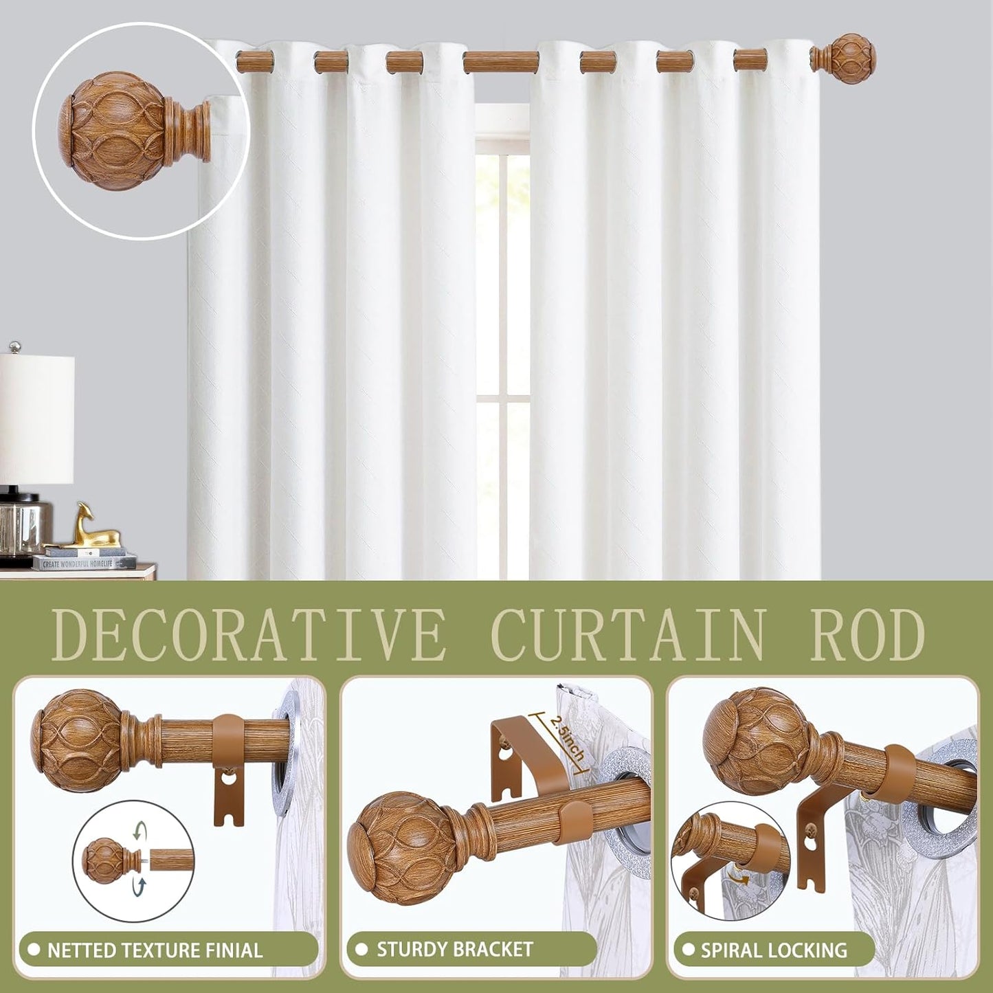2 Pack Wood Curtain Rods for Windows 48 to 84 Inch(4-7ft),1 Inch Adjustable Curtain Rod,Heavy Duty Curtain Rods,Wooden Netted Texture Drapery Rods,Single Window Curtain Rod 36-88",Brown Wood