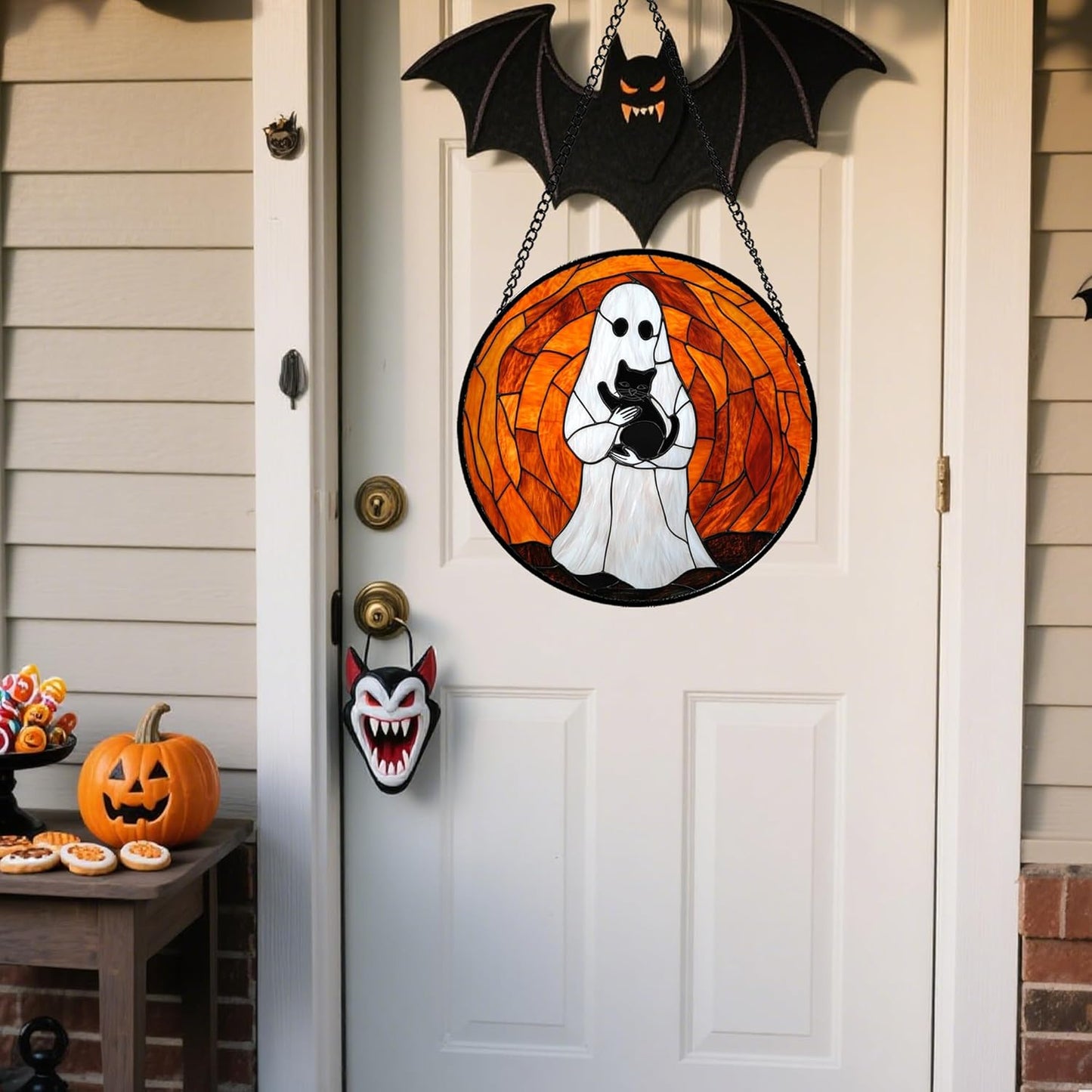 Stained Glass Window Hanging - Halloween Cute White Ghost Black Cat Suncatcher for Doors Garden Home Spooky Orange Sun Catchers Gothic Decor Horror Gift for Women Men Friend Boy Girl 11.8 in