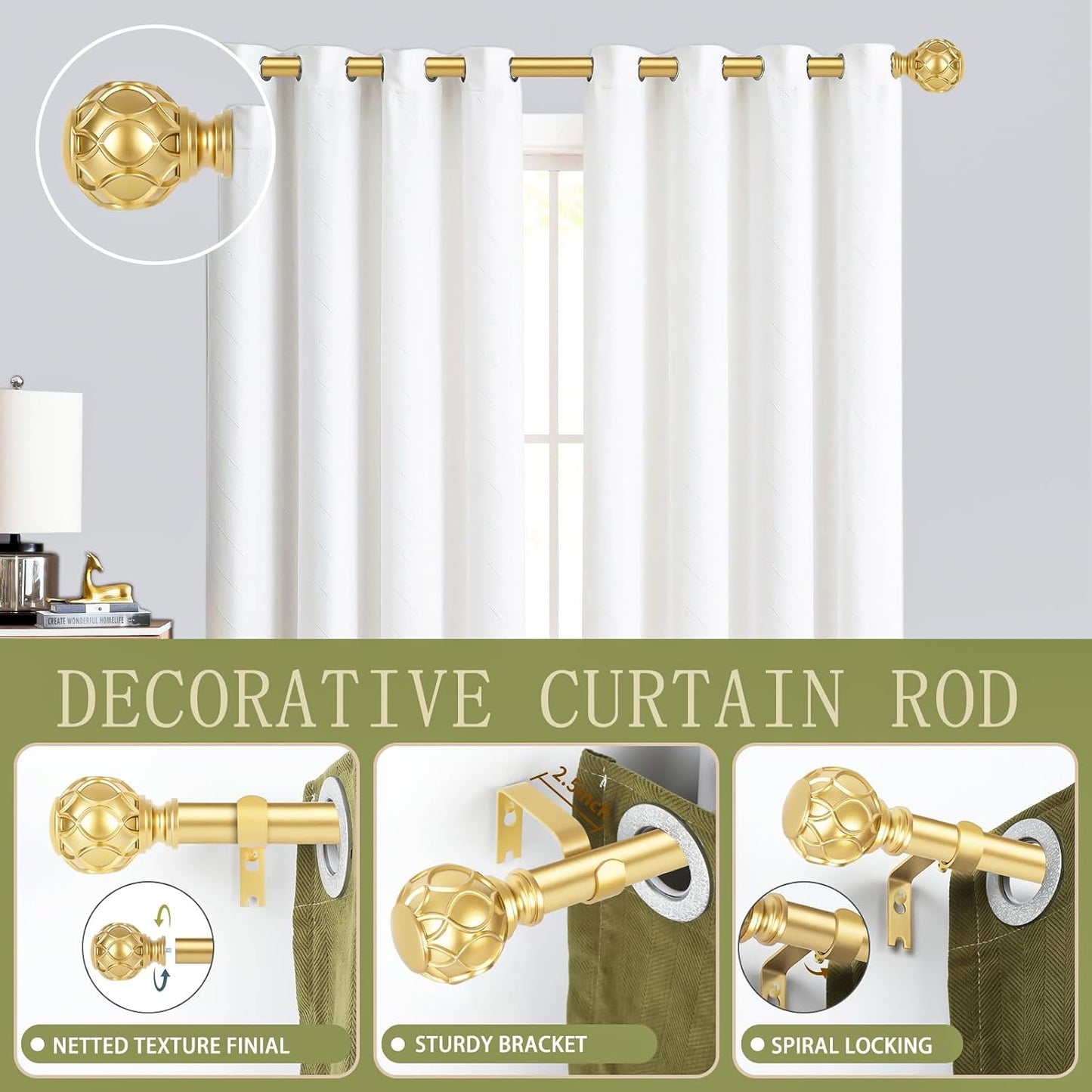 Gold Adjustable Curtain Rods for Windows:Farmhouse Heavy Duty Curtain Rod for Bedroom Living Room,Boho Decorative Rustic Drapery Rod with Vintage Coastal Texture Finial,Brass Gold 2Pack 36-88"