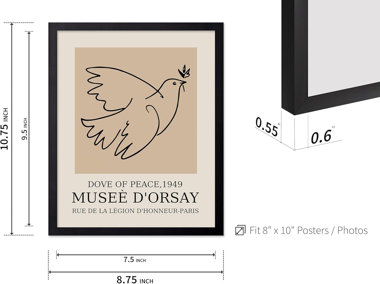 Poster Master Vintage Poster - Retro Minimalist Print - Gift for Artist, Friend - Dove Of Peace, Line Drawing, Sketch, Abstract - Wall Decor for Living Room, Bedroom, 8x10 Black Framed
