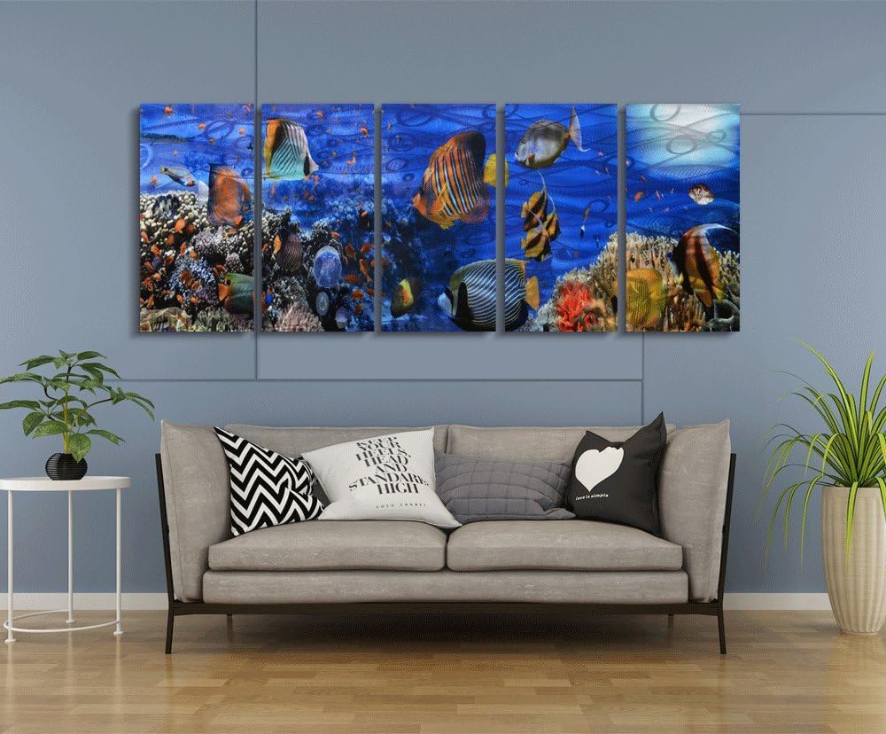 Yihui Arts Cosatal Metal Wall Art, Large Nautical Metal Wall Art in Modern Ocean Design, 3D Outdoor Pictures Wall Decor, 5 Panels, Metal School of Fish Art