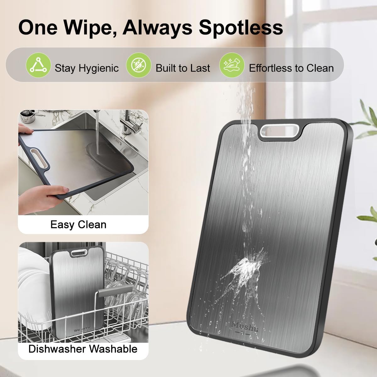 Mushu Titanium Cutting Boards for Kitchen,Upgrated Double Sided Food-Grade 100% Pure Titanium w/Wheat Straw PP Chopping Board for Meat Vegetable Fruit,Easy to Clean,Kitchen Gifts Large Size